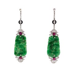 Orecchini a goccia di giada naturale, zaffiro rosa e diamante in platino Art Deco moderno