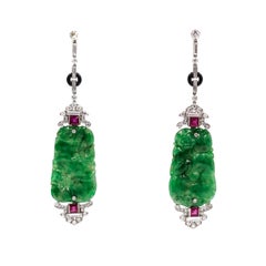 Antique Natural Jade, Pink Sapphire and Diamond Modern Art Deco Platinum Drop Earrings