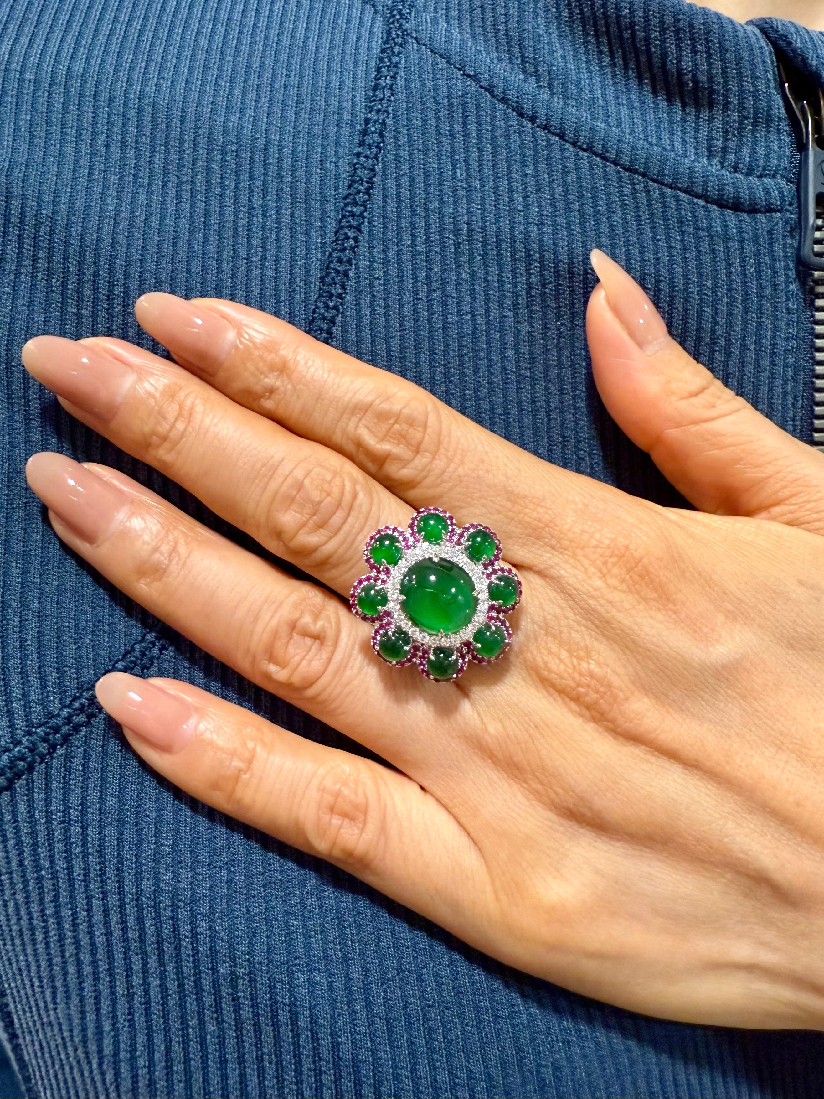 Certified Natural Jade, Ruby & Diamond Flower Ring. Best Imperial Green! XXL For Sale 6