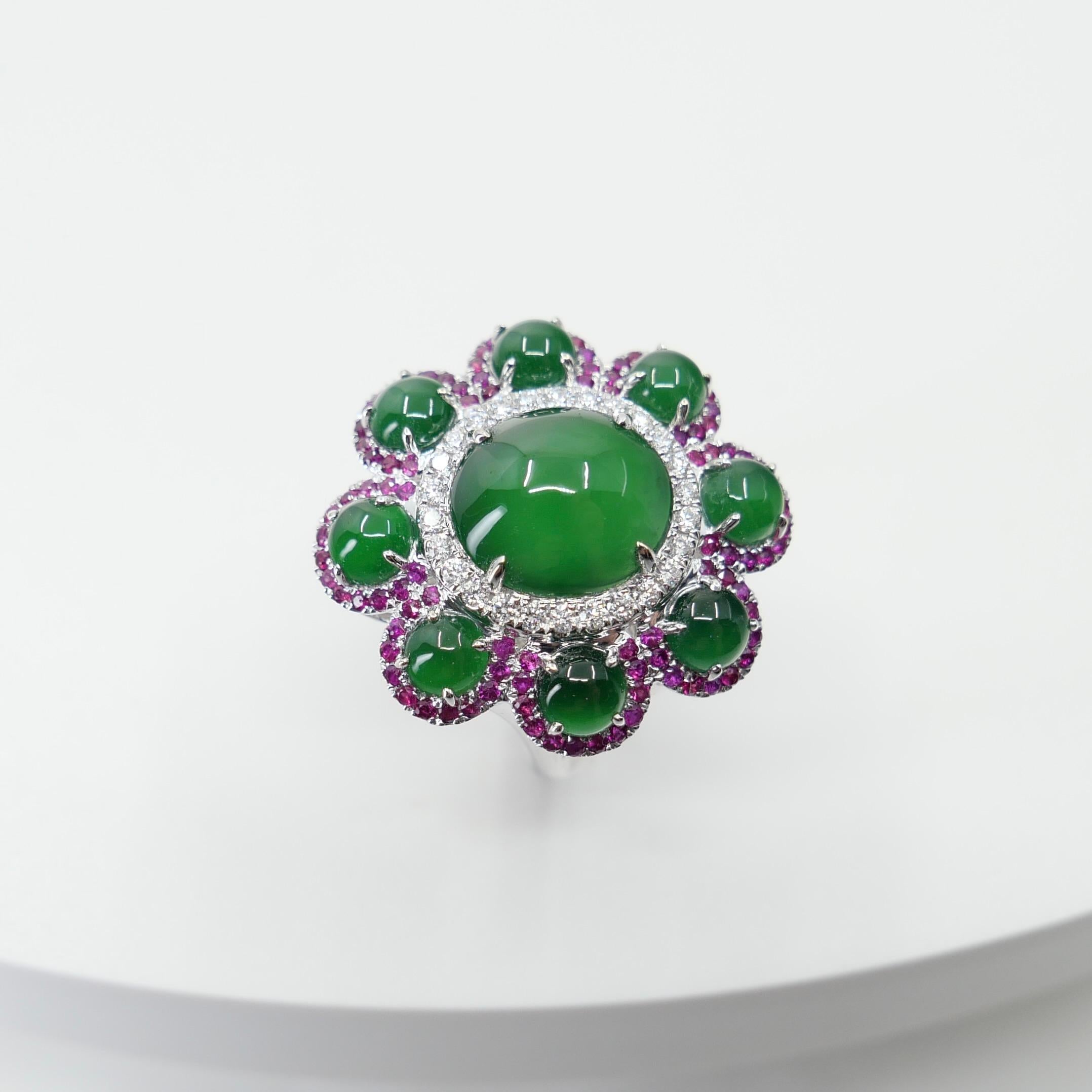 Certified Natural Jade, Ruby & Diamond Flower Ring. Best Imperial Green! XXL For Sale 8