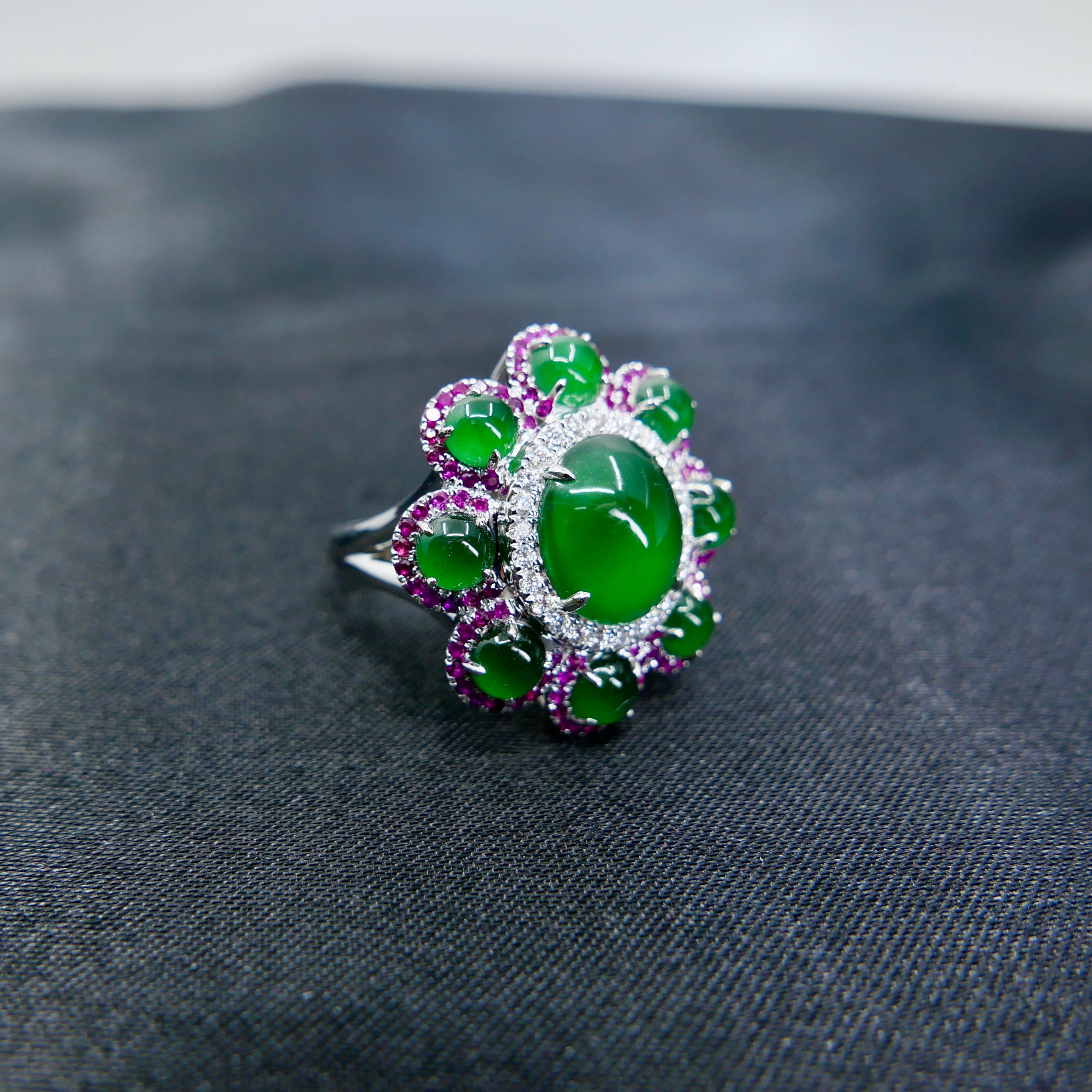Certified Natural Jade, Ruby & Diamond Flower Ring. Best Imperial Green! XXL For Sale 9