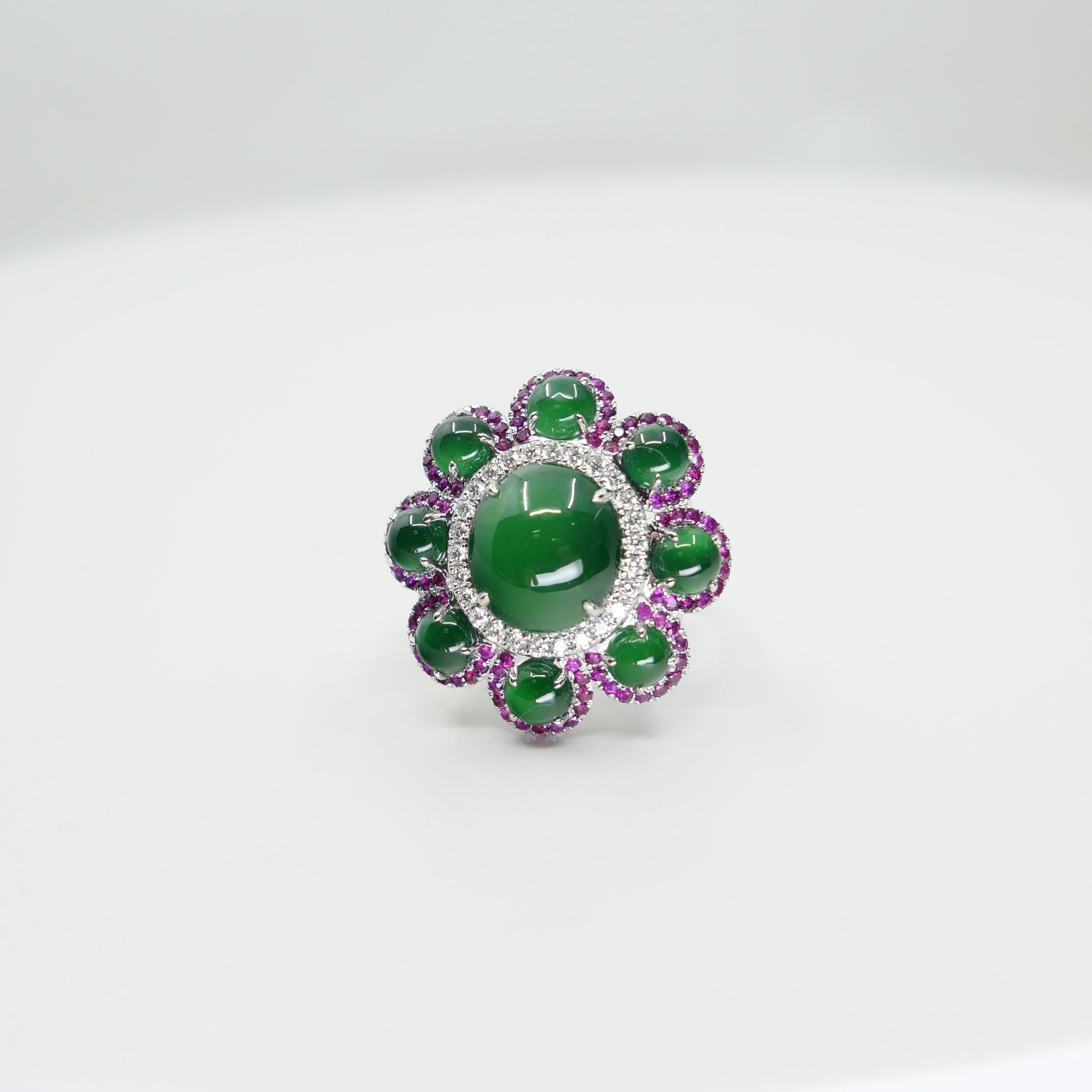 Certified Natural Jade, Ruby & Diamond Flower Ring. Best Imperial Green! XXL For Sale 10