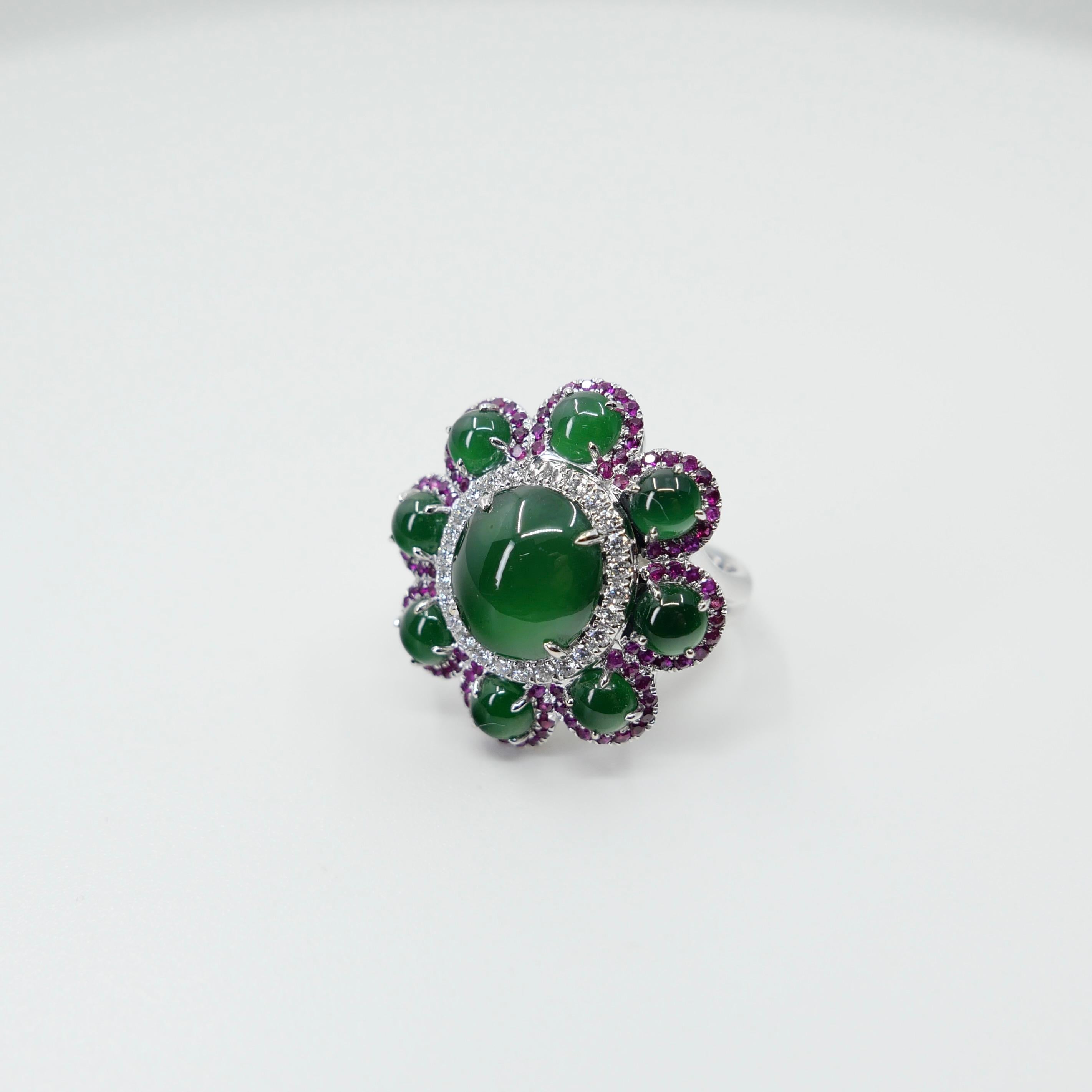 Certified Natural Jade, Ruby & Diamond Flower Ring. Best Imperial Green! XXL For Sale 13