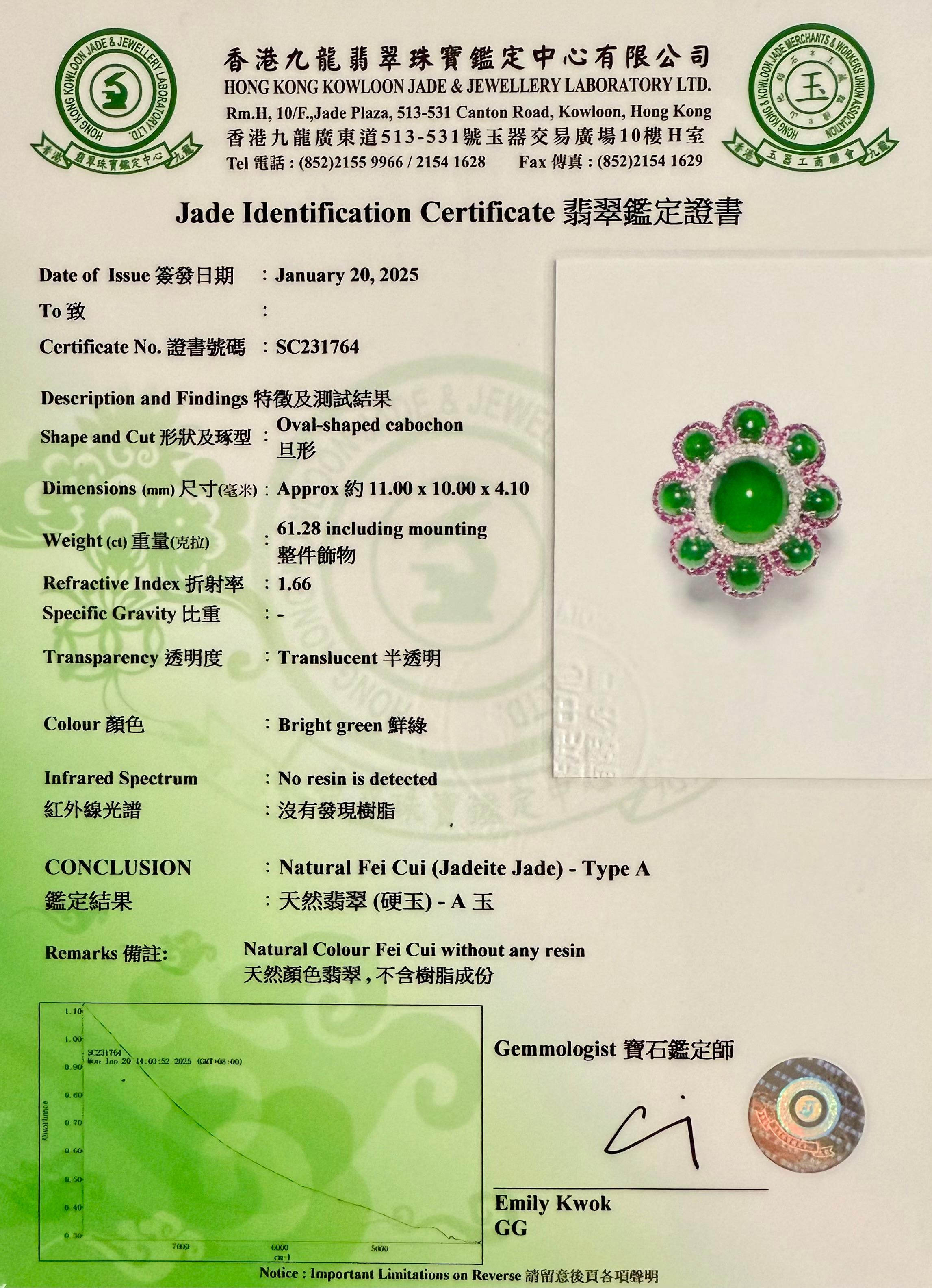 Certified Natural Jade, Ruby & Diamond Flower Ring. Best Imperial Green! XXL For Sale 15