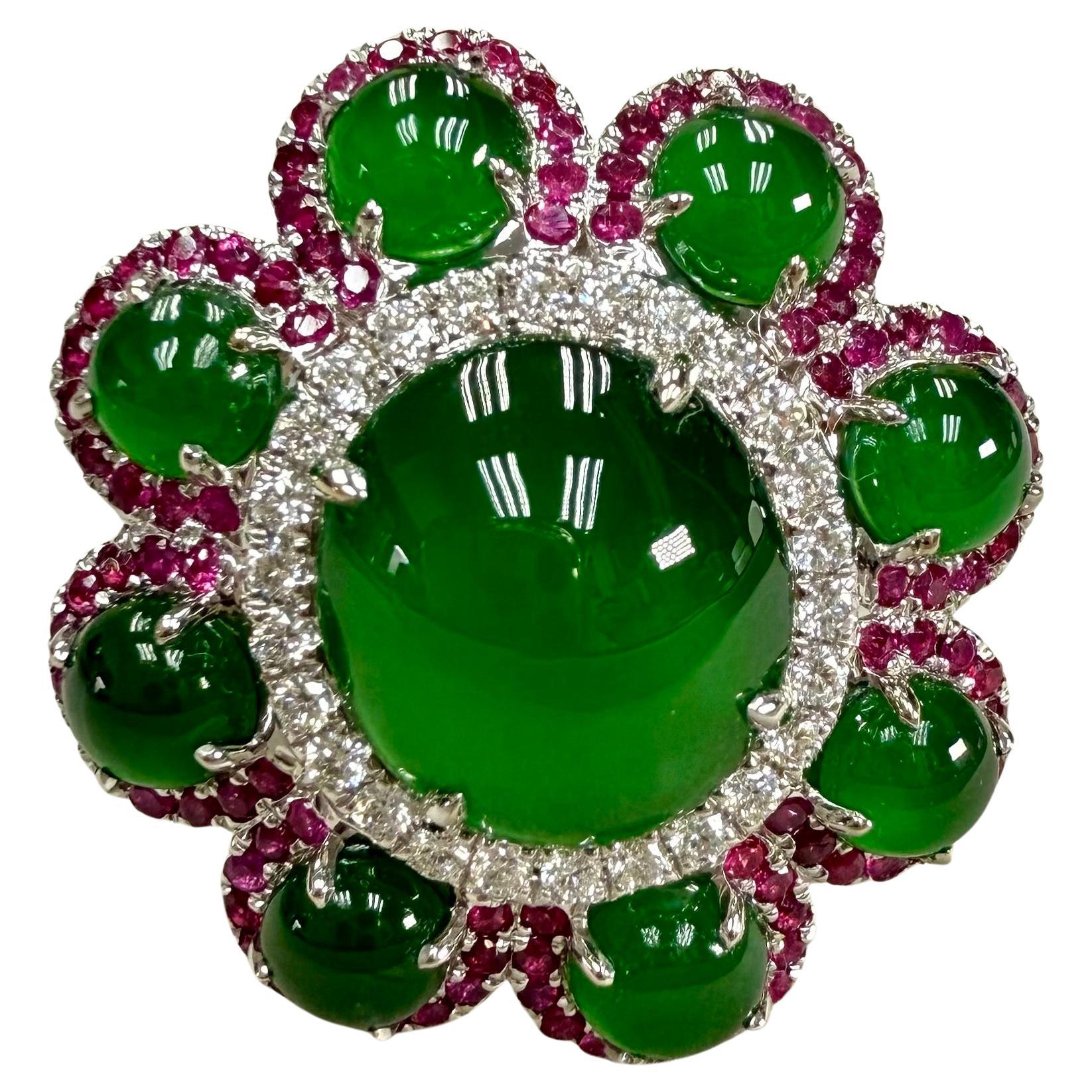 Oval Cut Certified Natural Jade, Ruby & Diamond Flower Ring. Best Imperial Green! XXL For Sale