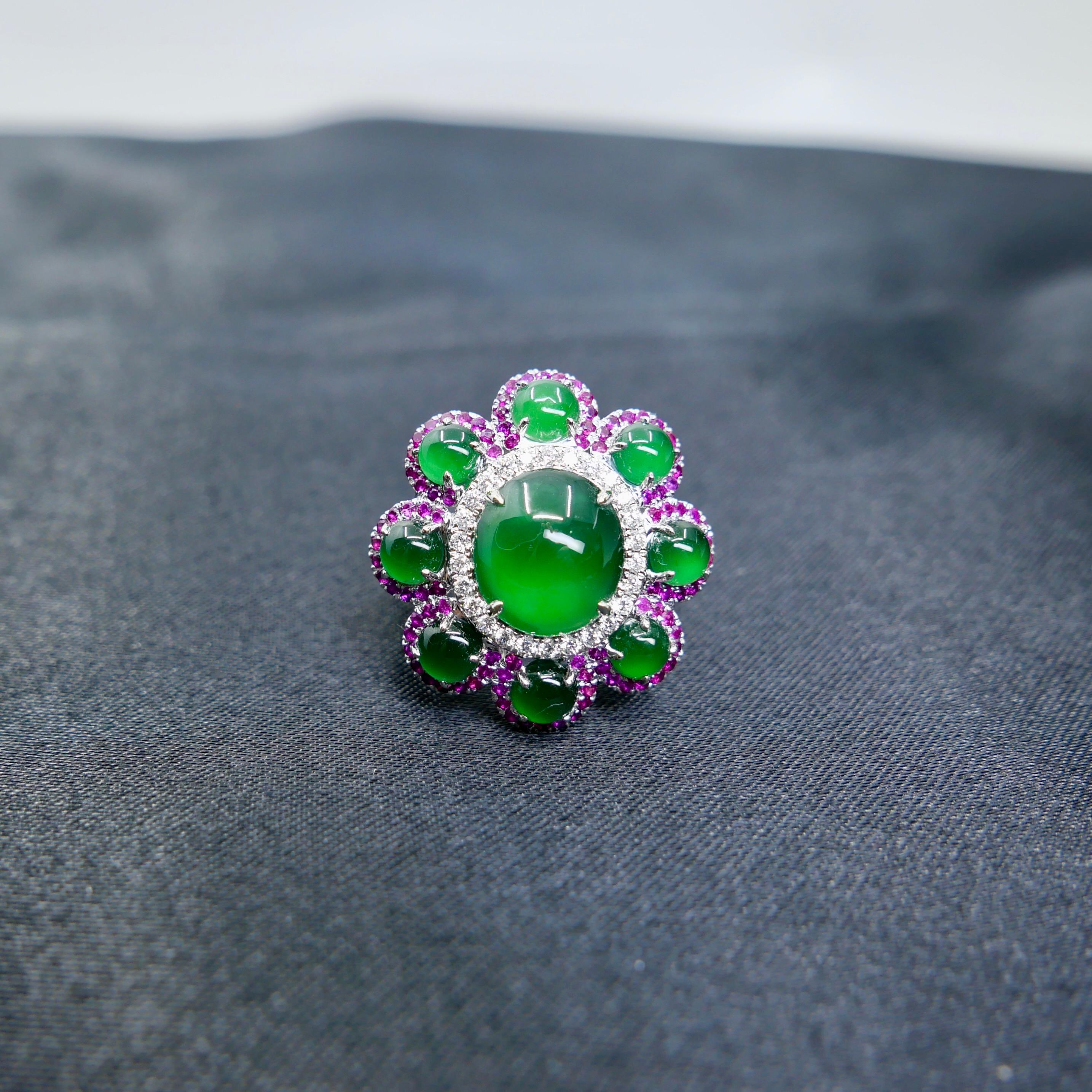 Certified Natural Jade, Ruby & Diamond Flower Ring. Best Imperial Green! XXL For Sale 1
