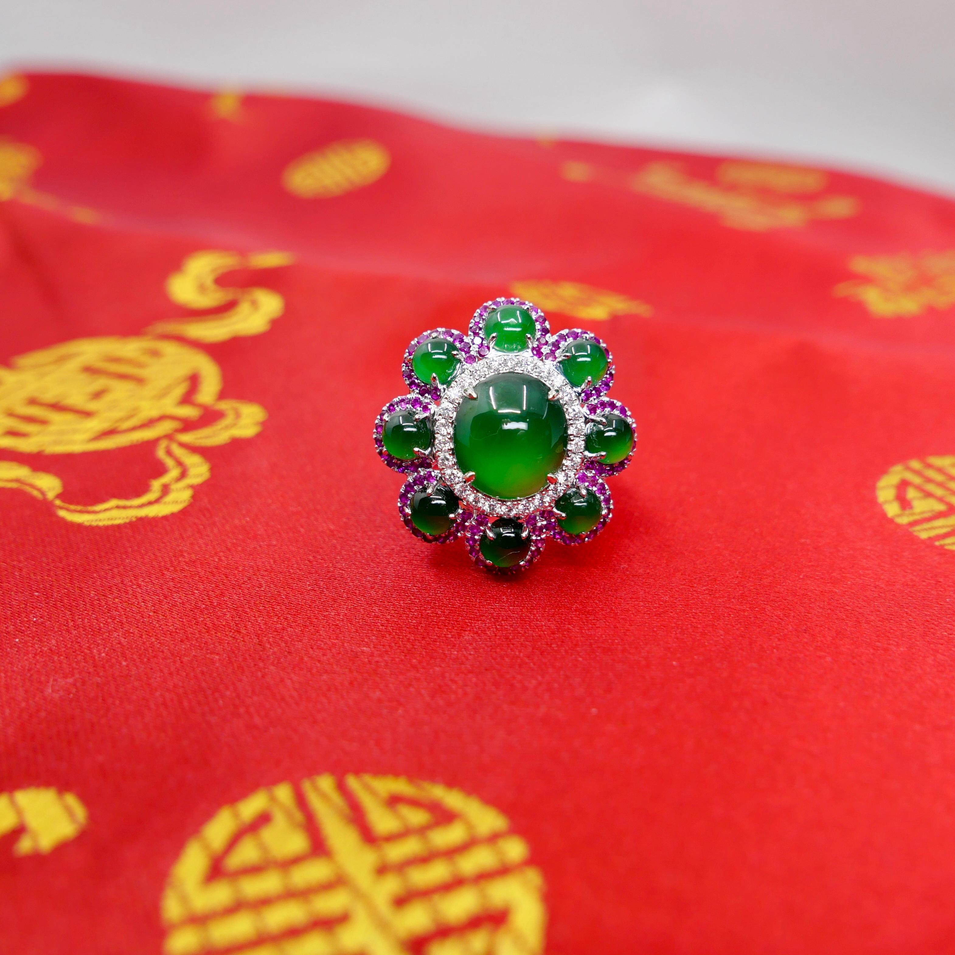 Certified Natural Jade, Ruby & Diamond Flower Ring. Best Imperial Green! XXL For Sale 3