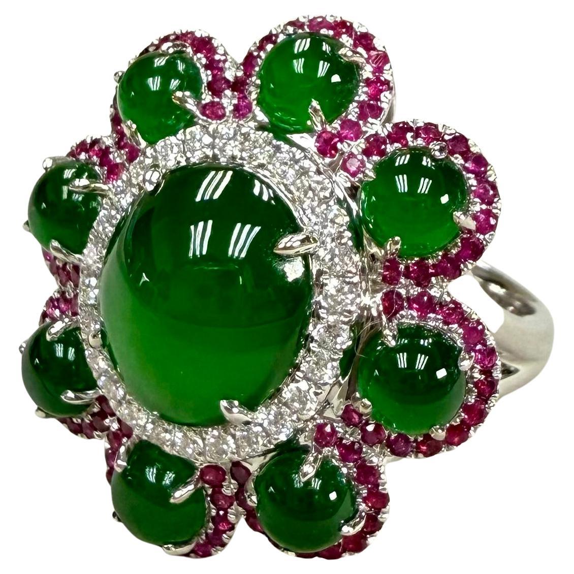 Certified Natural Jade, Ruby & Diamond Flower Ring. Best Imperial Green! XXL For Sale