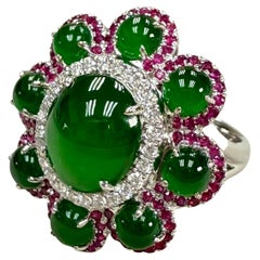 Bague fleur certifiée en jade naturel, rubis et diamants Le meilleur vert impérial ! XXL