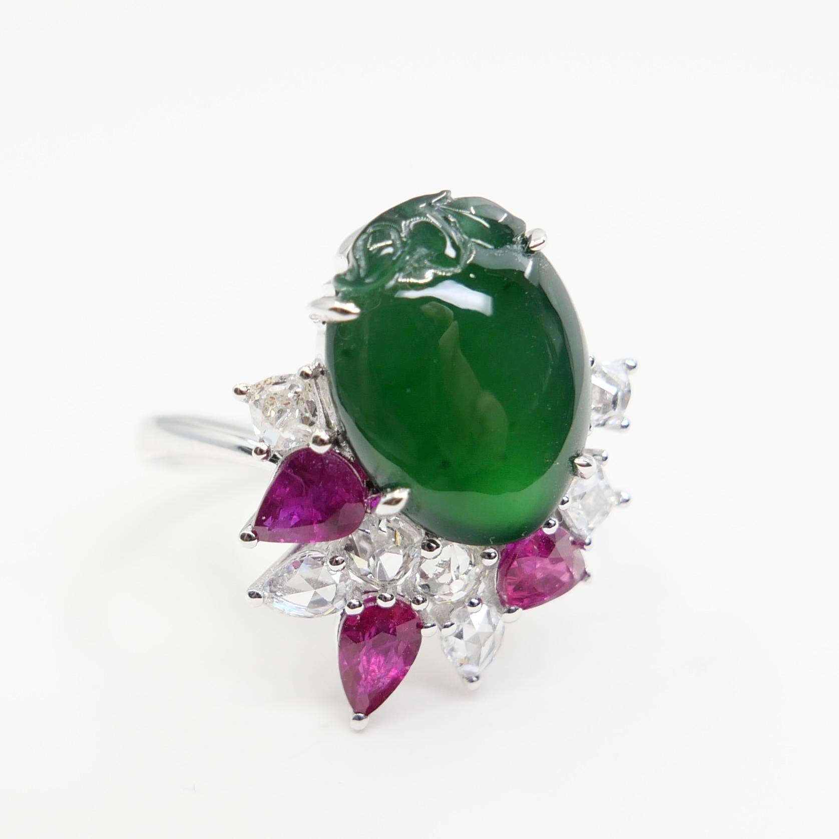 Certified Natural Jade, Ruby & Diamond Peach Longevity Ring. Imperial Green! For Sale 7