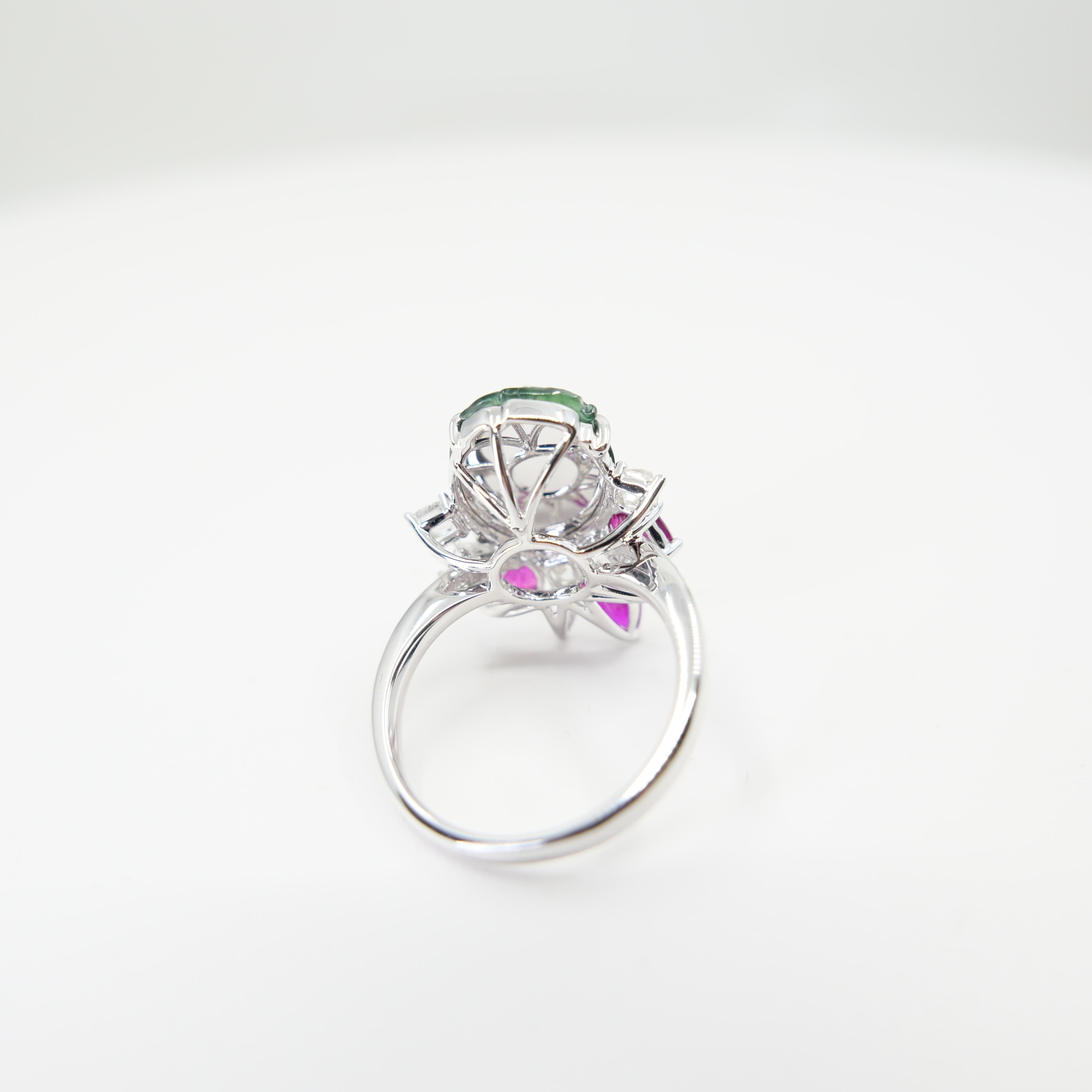 Certified Natural Jade, Ruby & Diamond Peach Longevity Ring. Imperial Green! For Sale 8