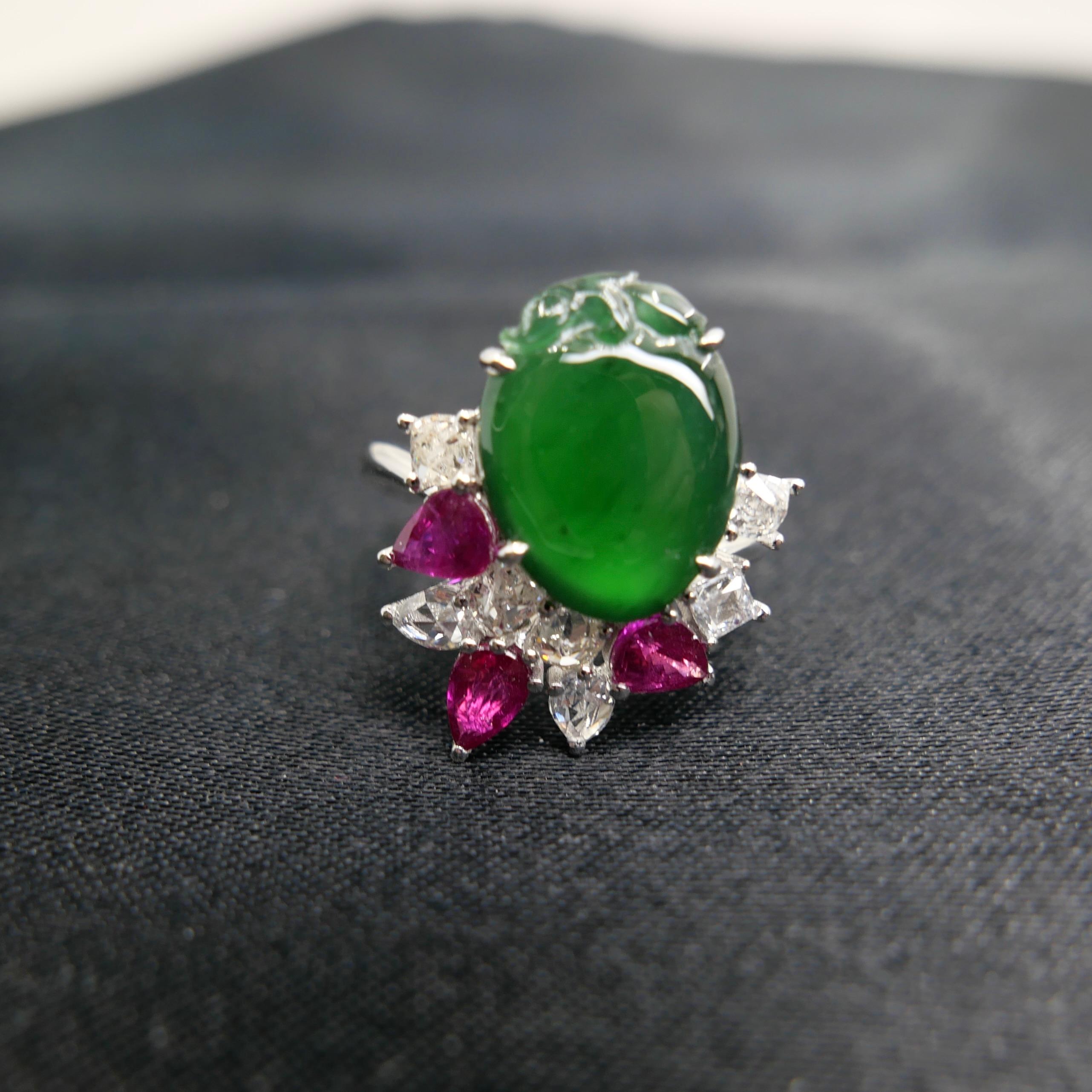 Certified Natural Jade, Ruby & Diamond Peach Longevity Ring. Imperial Green! For Sale 9