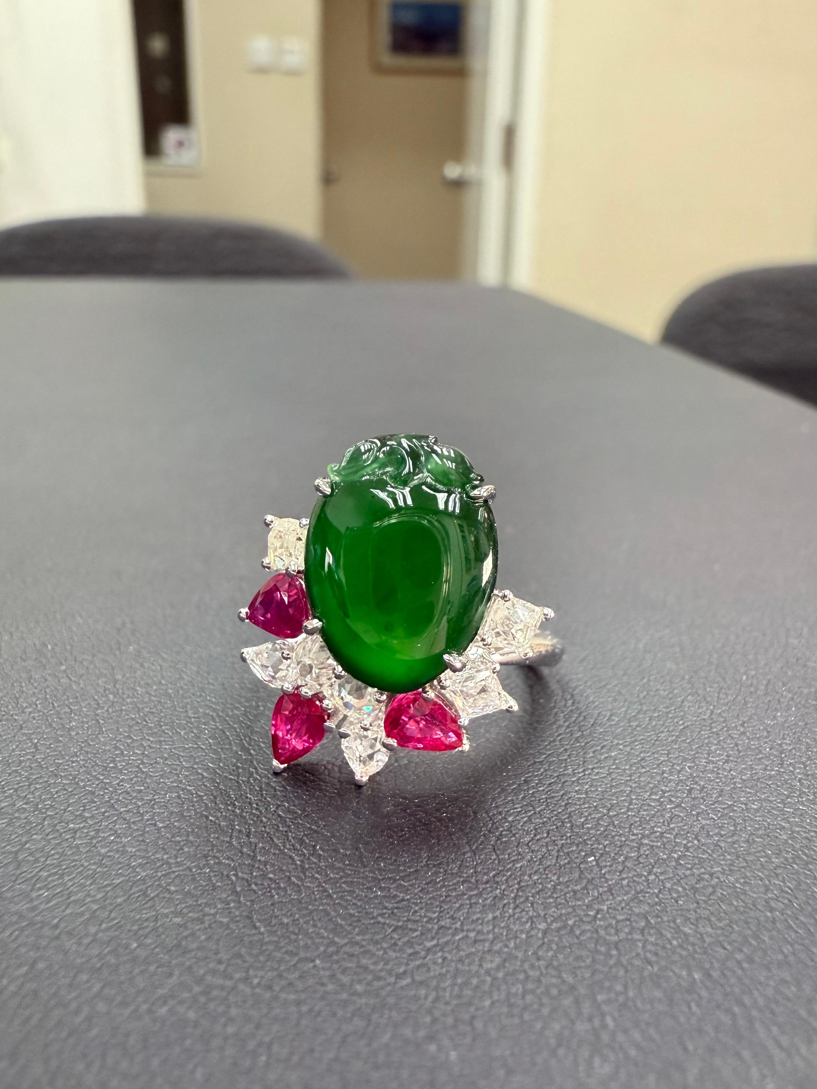 Certified Natural Jade, Ruby & Diamond Peach Longevity Ring. Imperial Green! For Sale 12