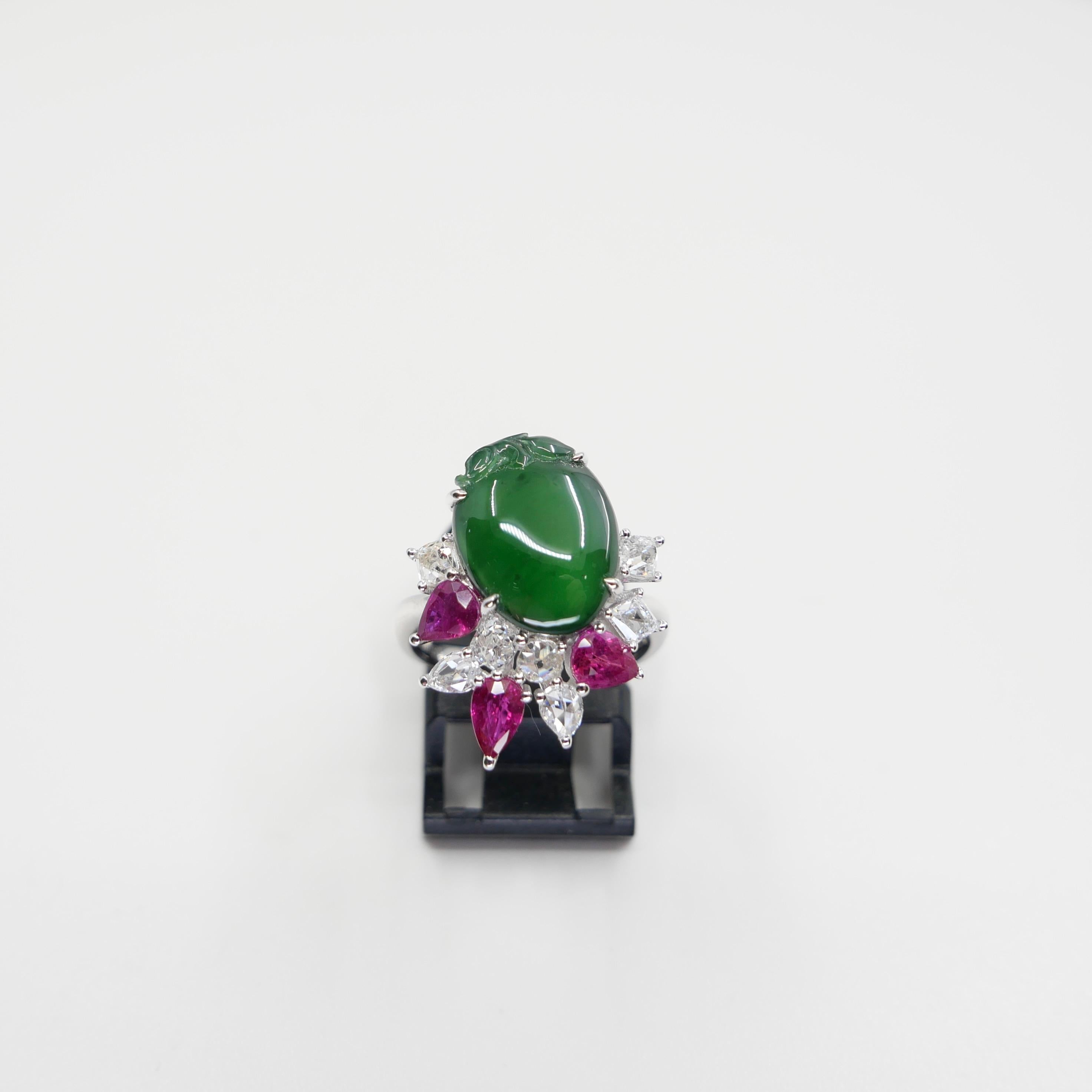 Certified Natural Jade, Ruby & Diamond Peach Longevity Ring. Imperial Green! For Sale 14