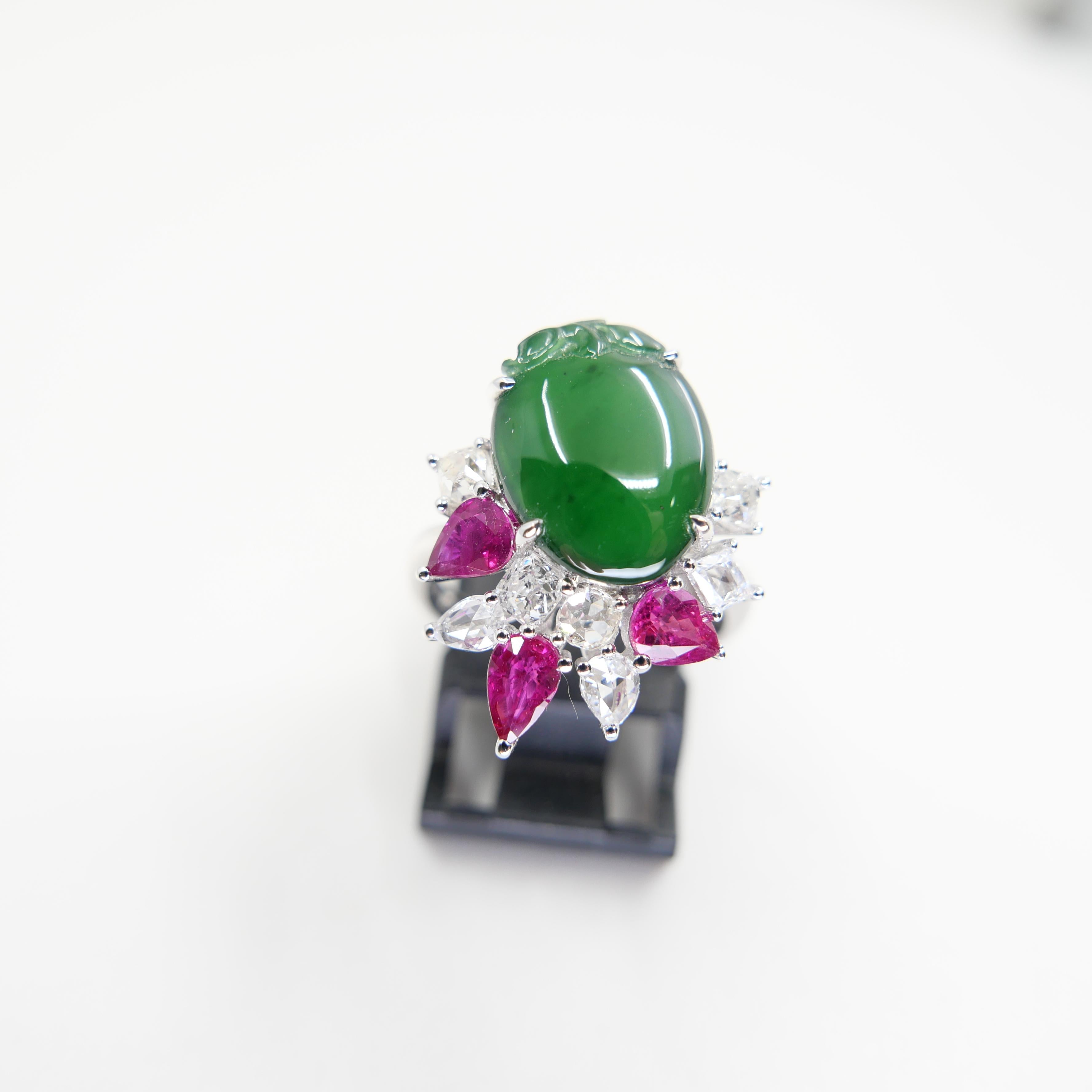 Women's Certified Natural Jade, Ruby & Diamond Peach Longevity Ring. Imperial Green! For Sale