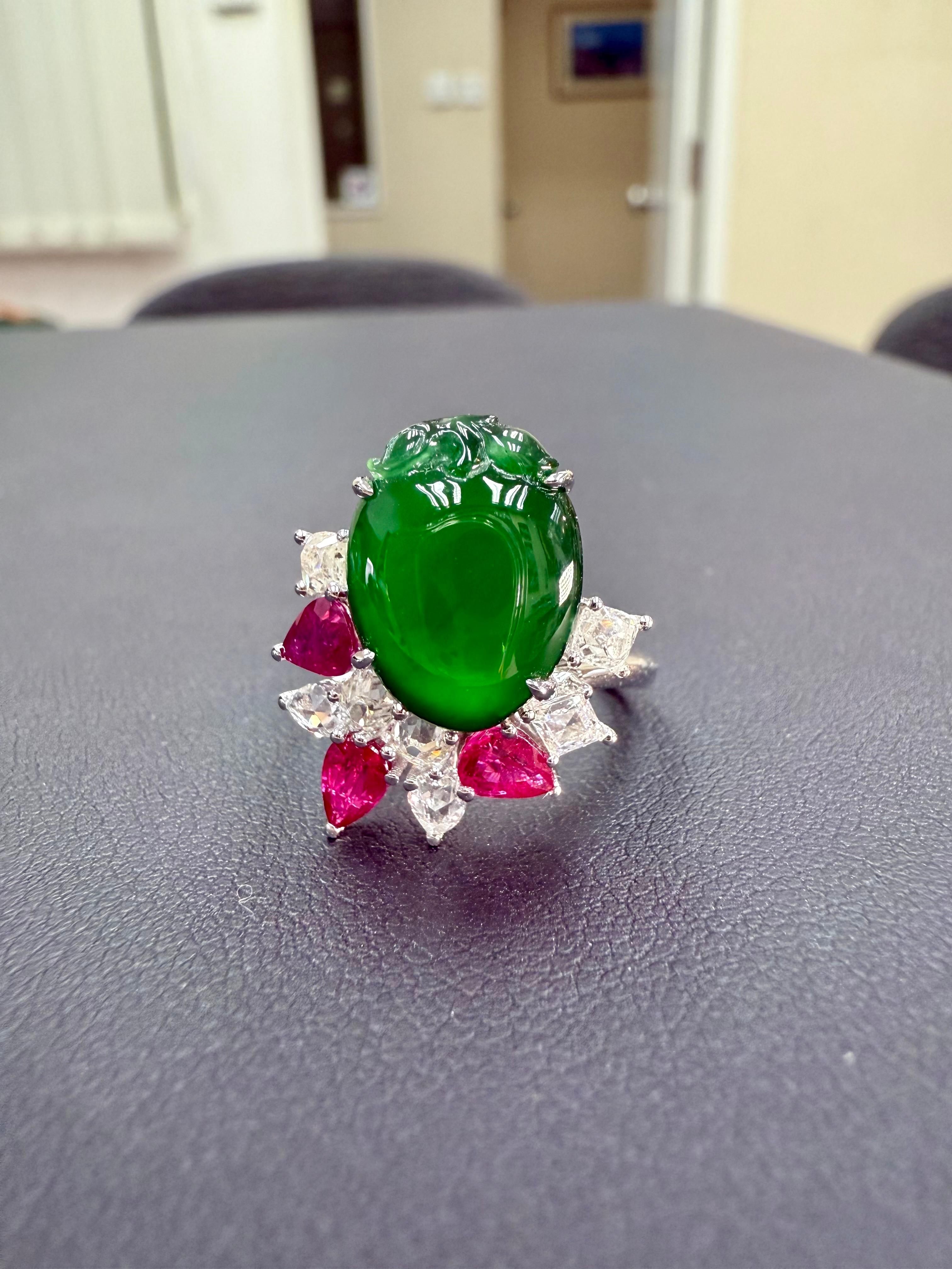 Certified Natural Jade, Ruby & Diamond Peach Longevity Ring. Imperial Green! For Sale 1