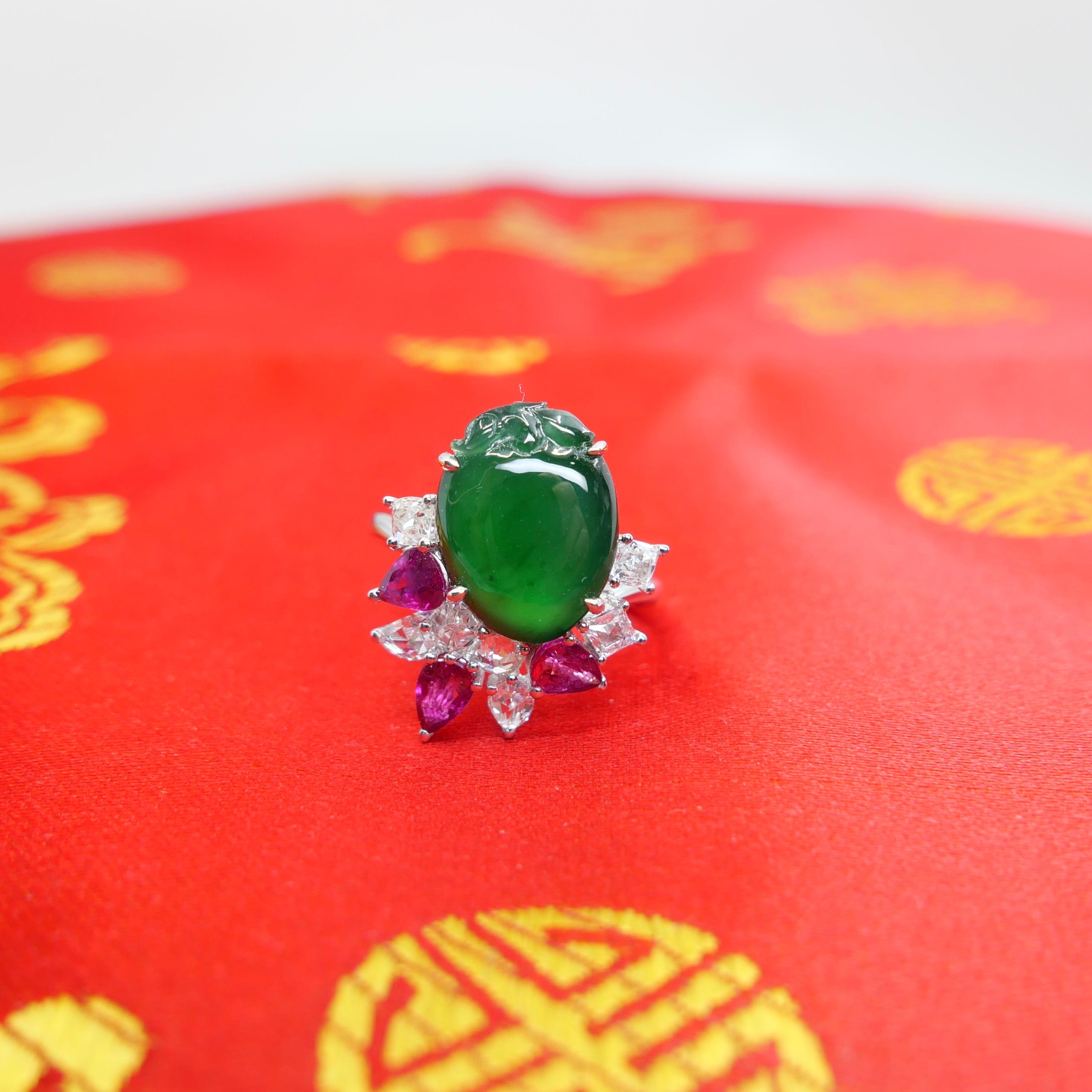 Certified Natural Jade, Ruby & Diamond Peach Longevity Ring. Imperial Green! For Sale 2