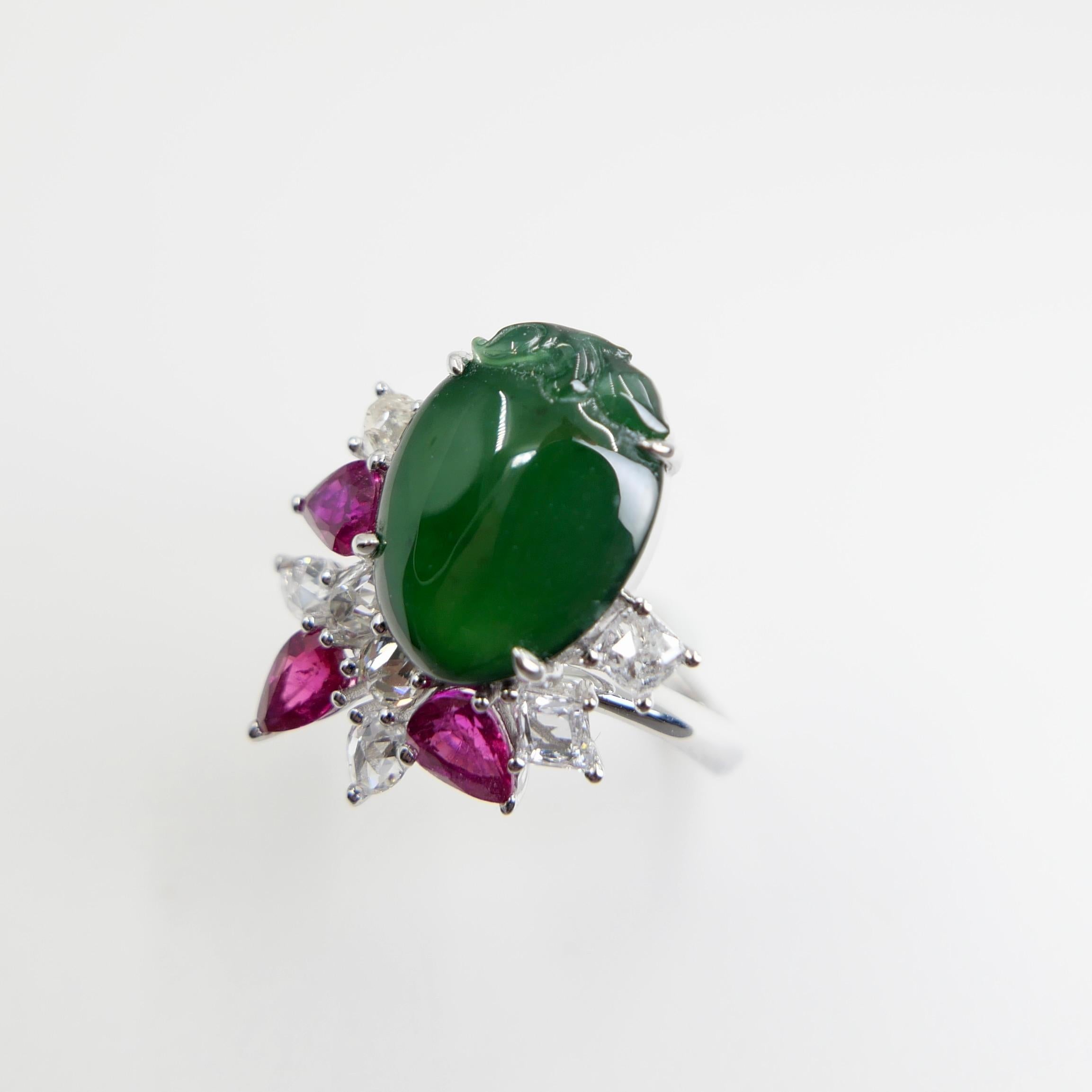 Certified Natural Jade, Ruby & Diamond Peach Longevity Ring. Imperial Green! For Sale 4