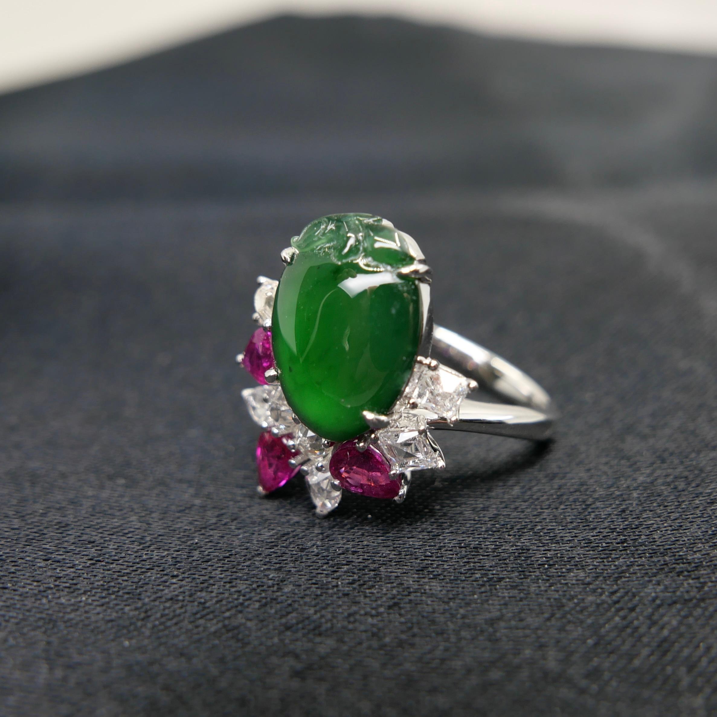 Certified Natural Jade, Ruby & Diamond Peach Longevity Ring. Imperial Green! For Sale 5