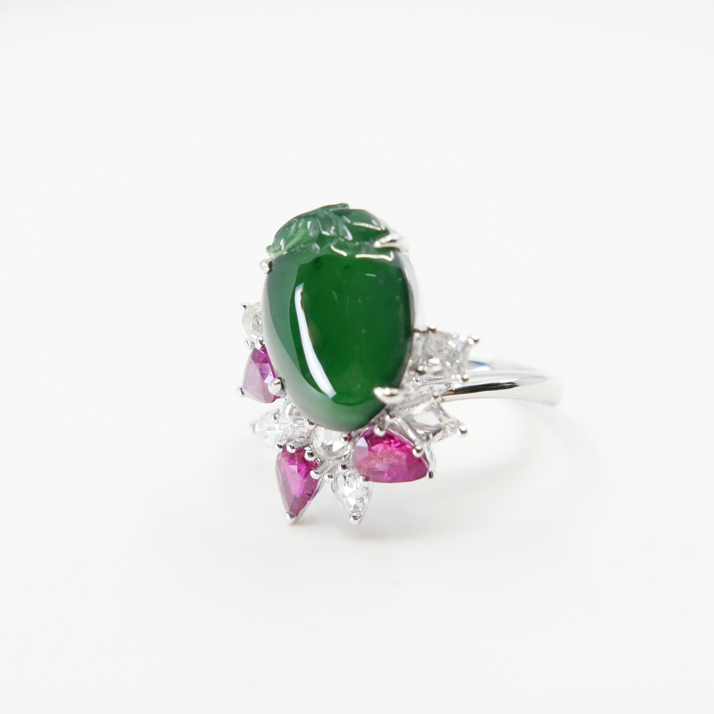 Certified Natural Jade, Ruby & Diamond Peach Longevity Ring. Imperial Green! For Sale 6