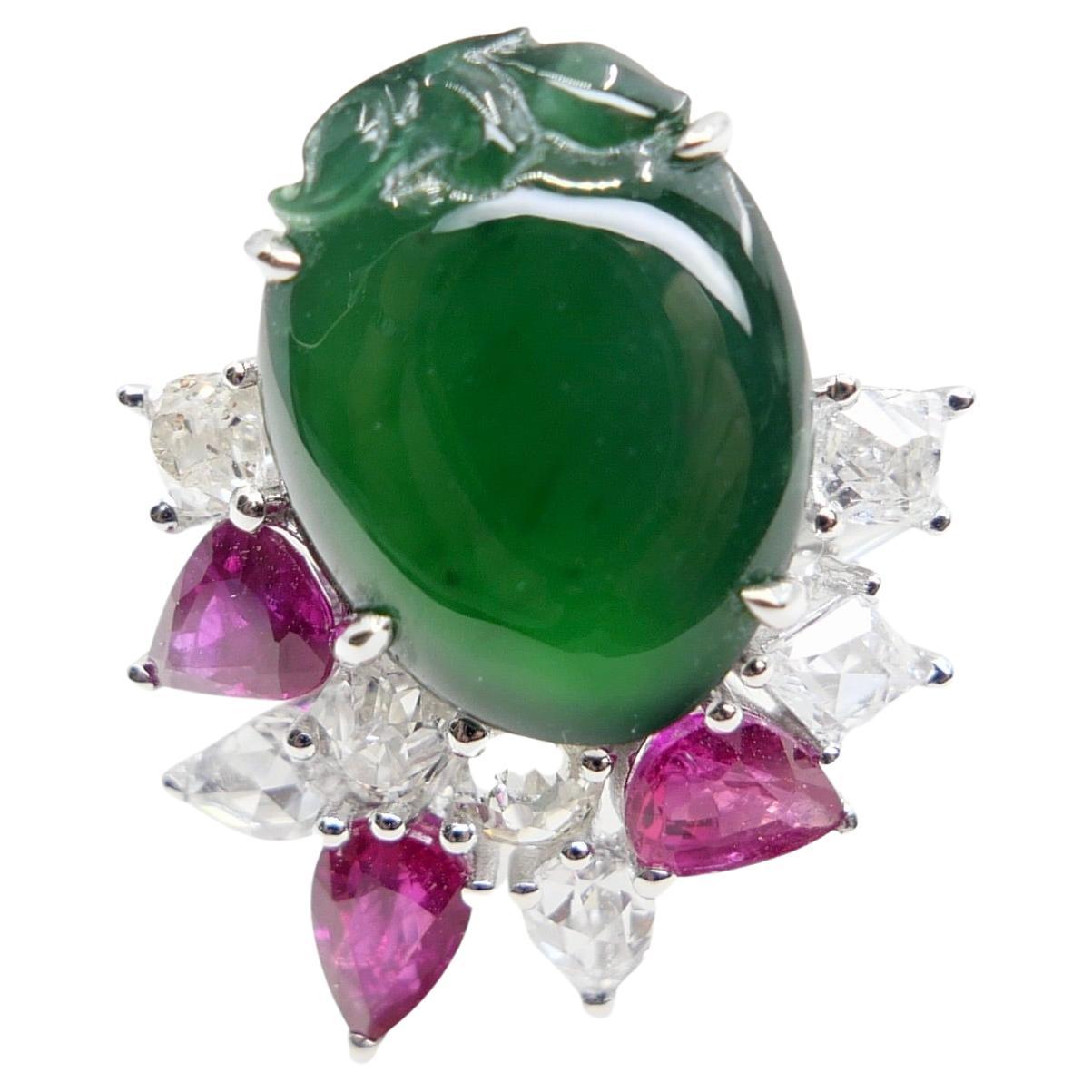 Certified Natural Jade, Ruby & Diamond Peach Longevity Ring. Imperial Green!