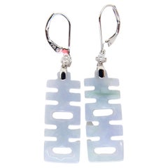 Certified Natural Jadeite Jade and Diamond Drop Earrings, Double Happiness