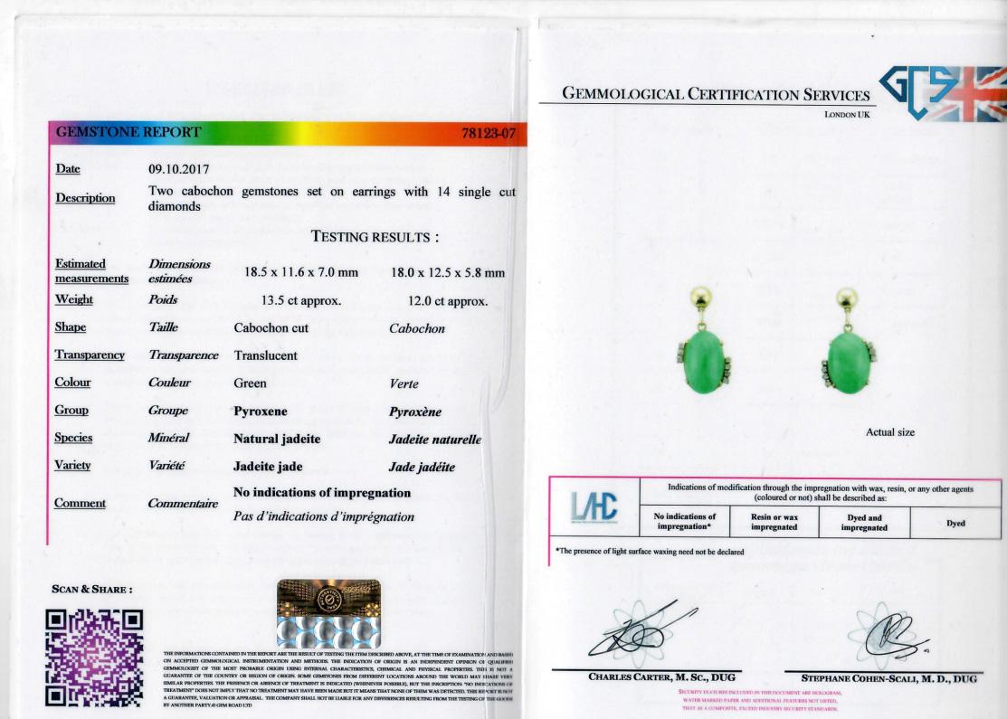 Oval Cut Certified Natural Jadeite Jade and Diamond drop earrings in 18 ct Gold, Vintage