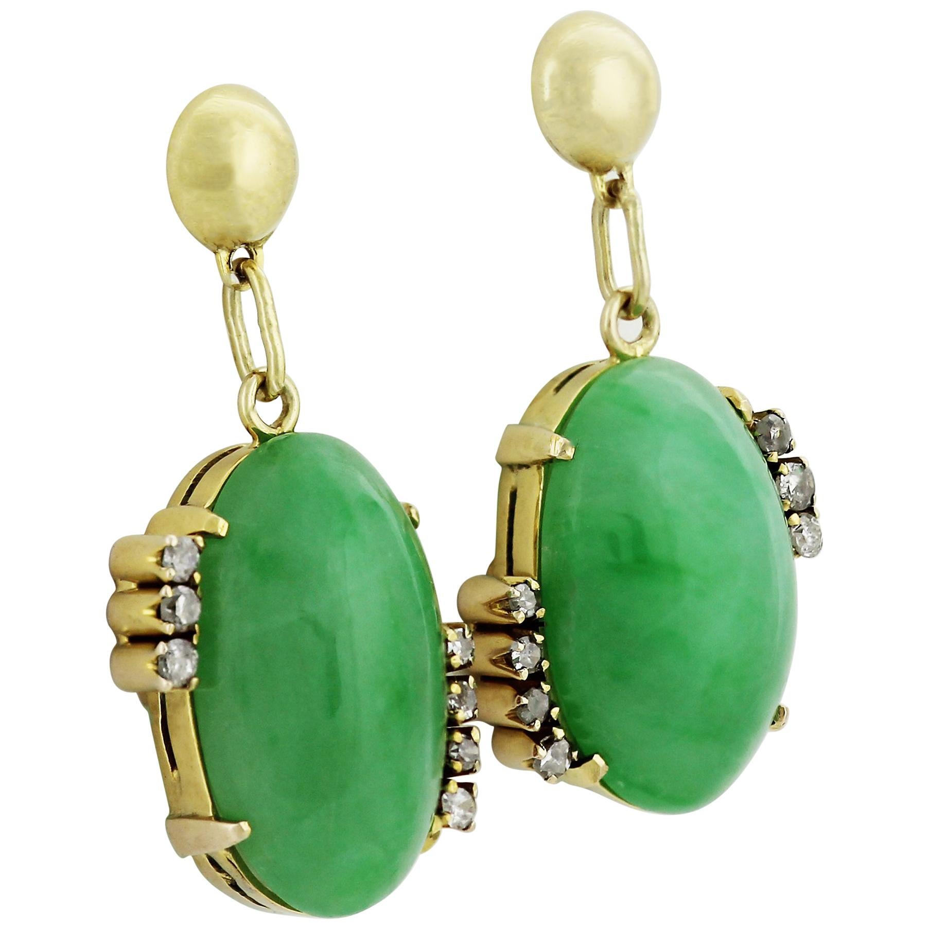 Certified Natural Jadeite Jade and Diamond drop earrings in 18 ct Gold, Vintage