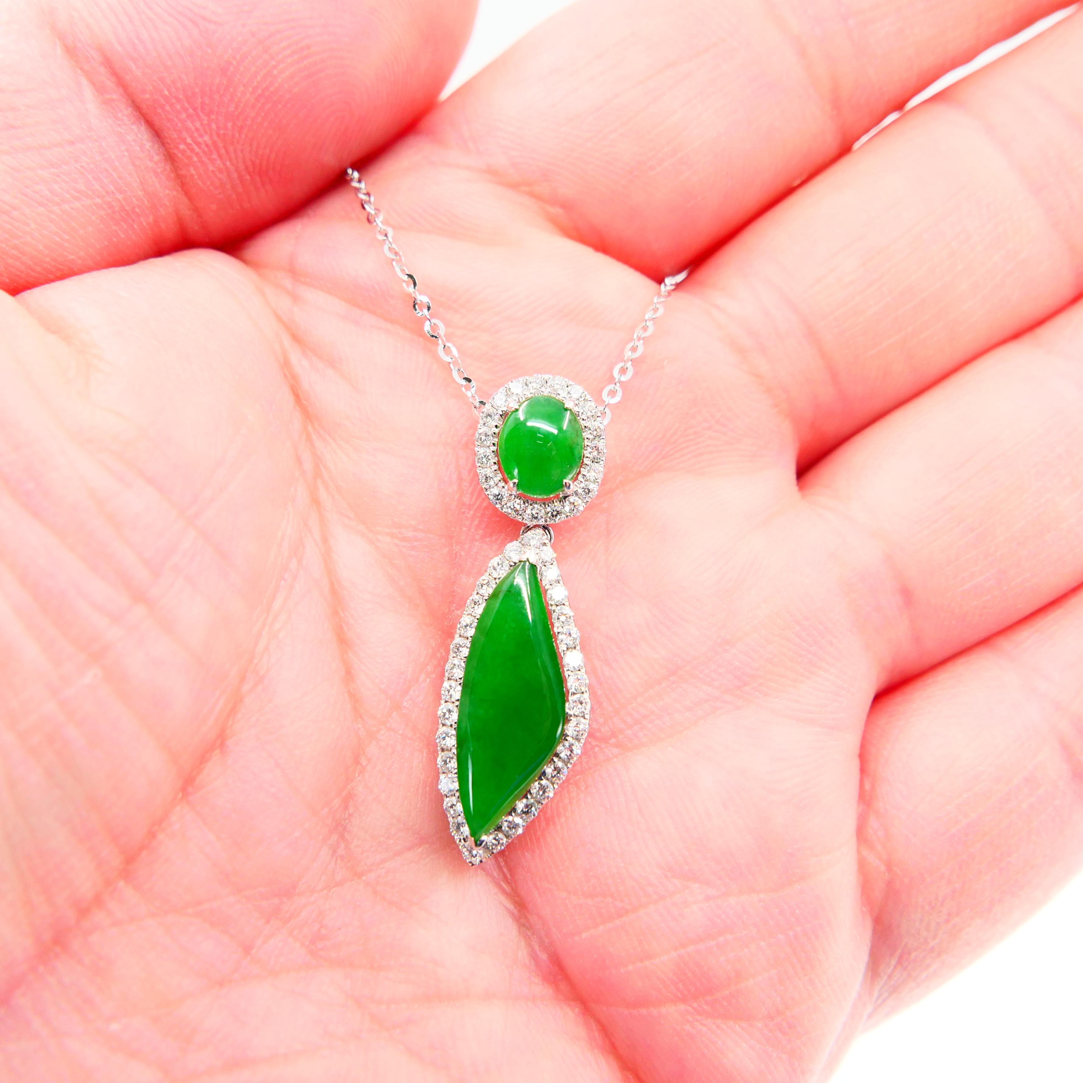 Women's or Men's Certified Natural Jadeite Jade And Diamond Drop Pendant, Imperial Green Color For Sale