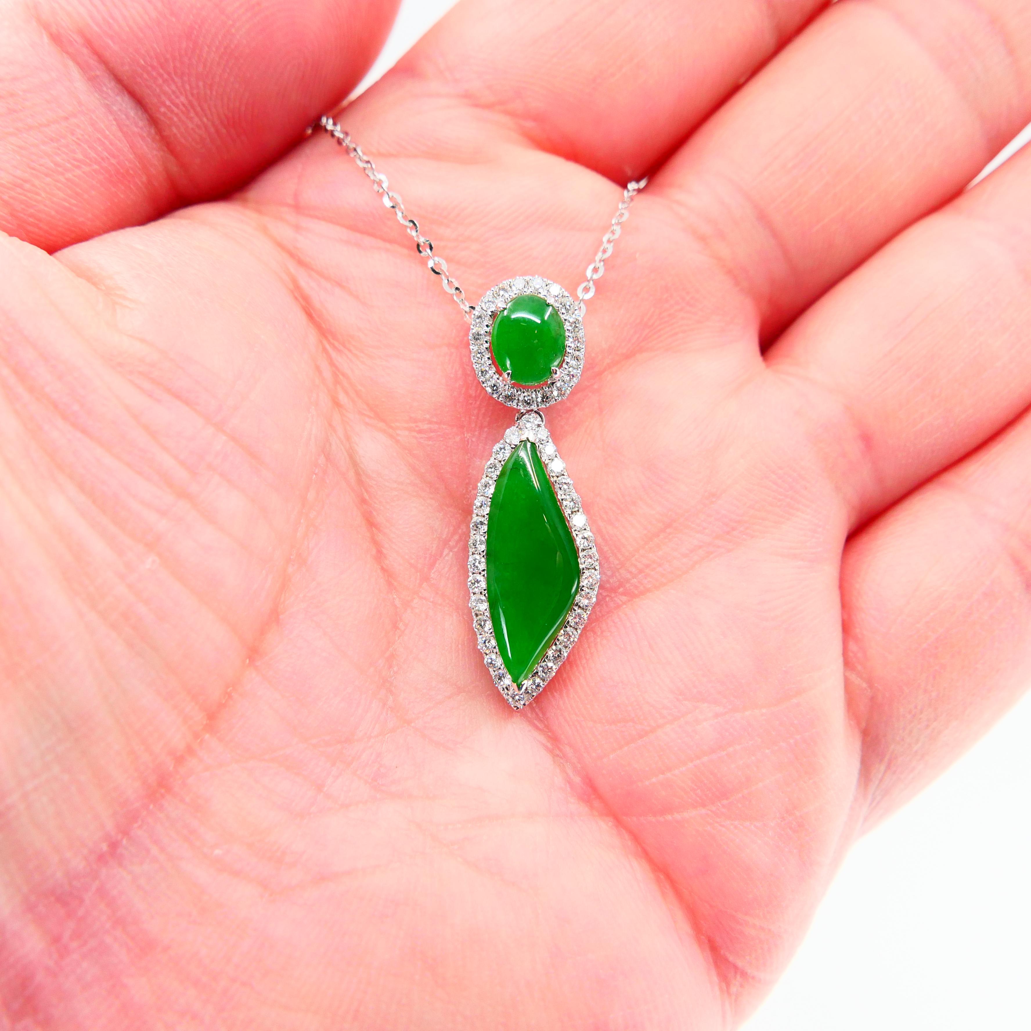 Certified Natural Jadeite Jade And Diamond Drop Pendant, Imperial Green Color For Sale 2