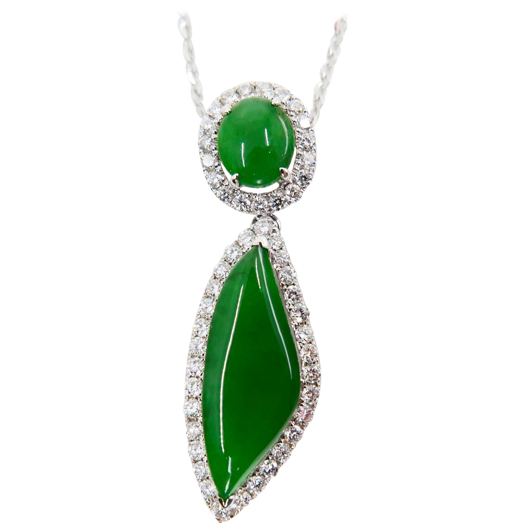 Certified Natural Jadeite Jade And Diamond Drop Pendant, Imperial Green Color