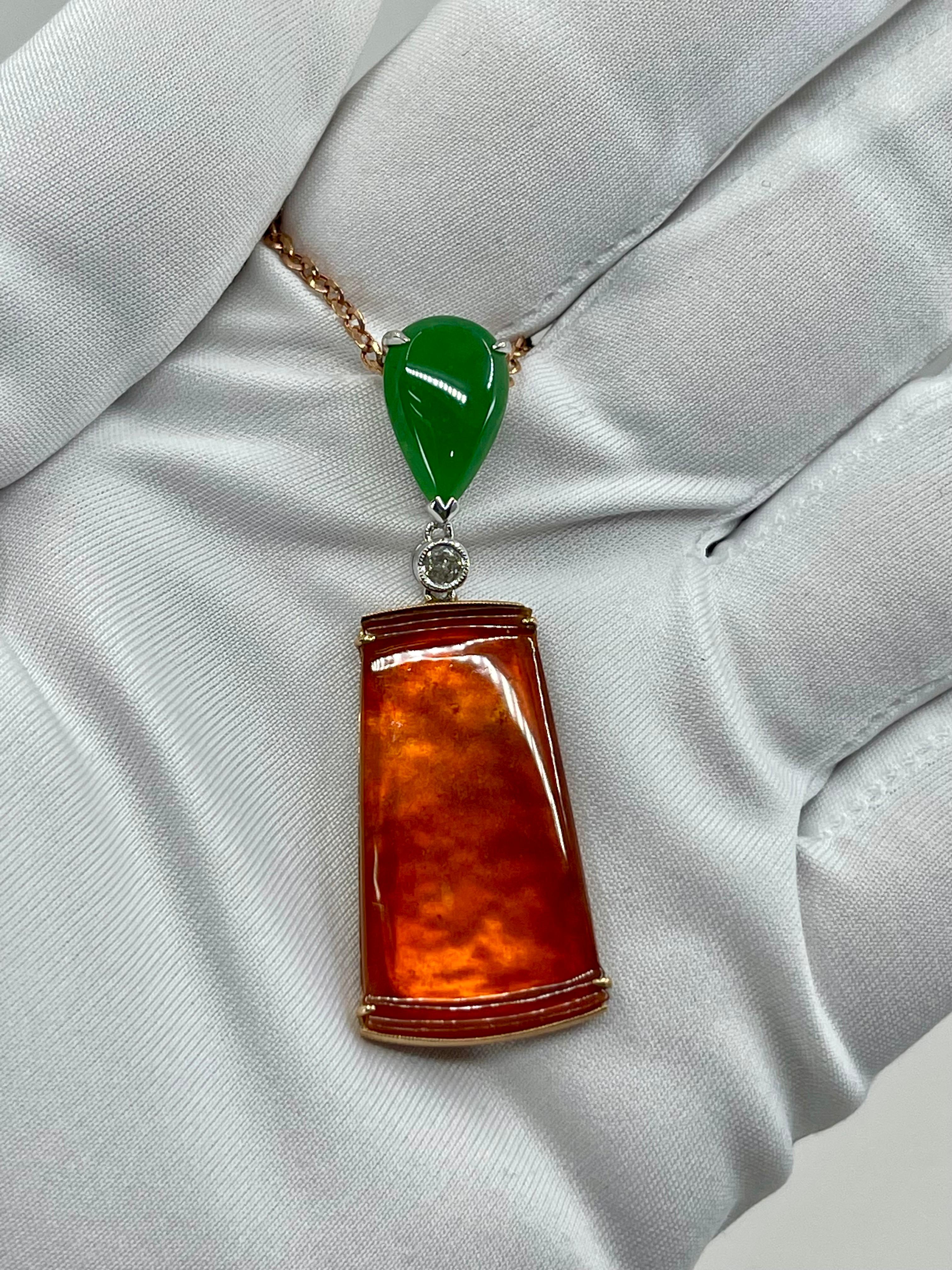 Certified Natural Jadeite Jade & Diamond Pendant Drop Necklace. 18K Rose Gold For Sale 11