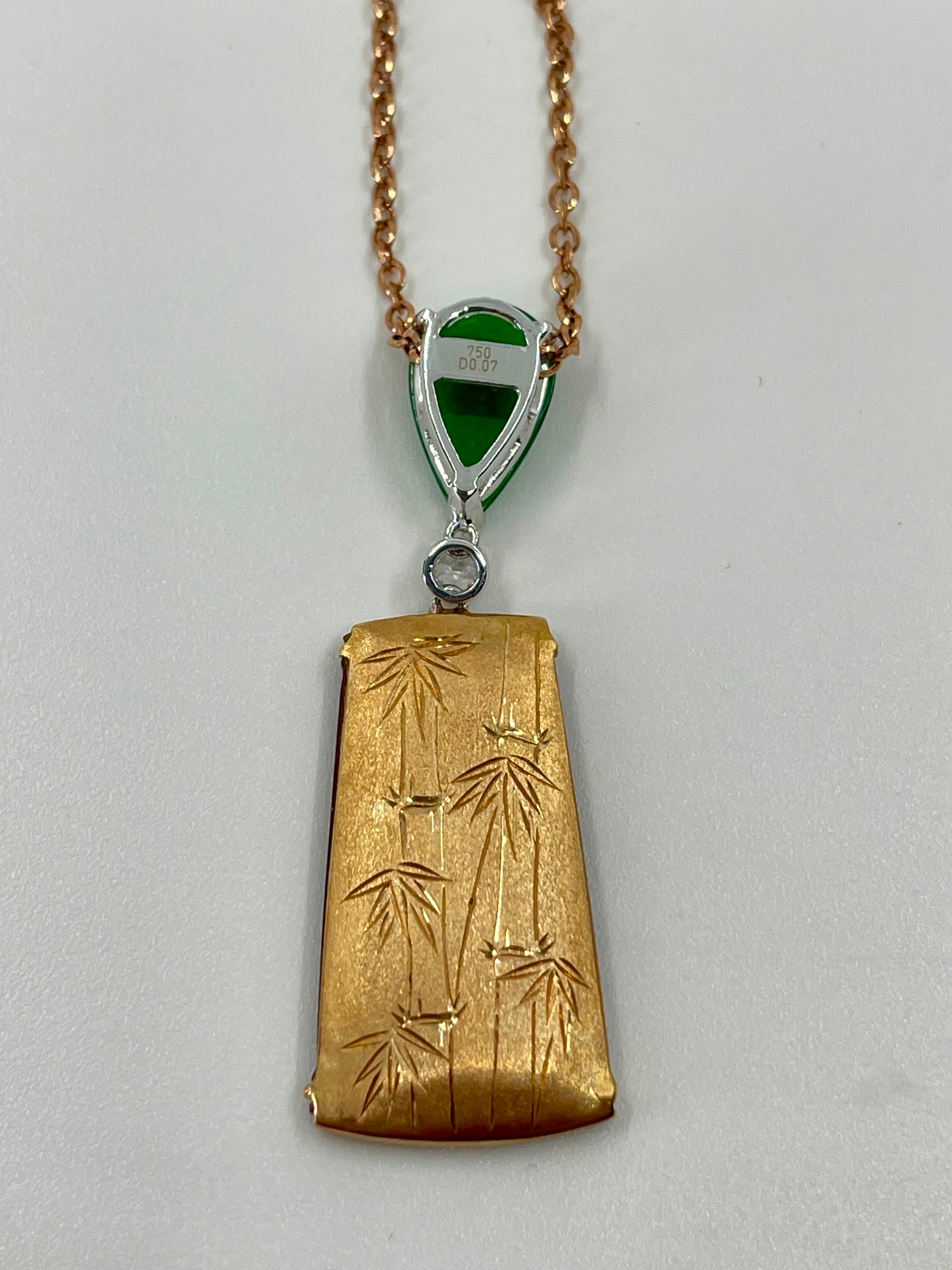 Certified Natural Jadeite Jade & Diamond Pendant Drop Necklace. 18K Rose Gold For Sale 1