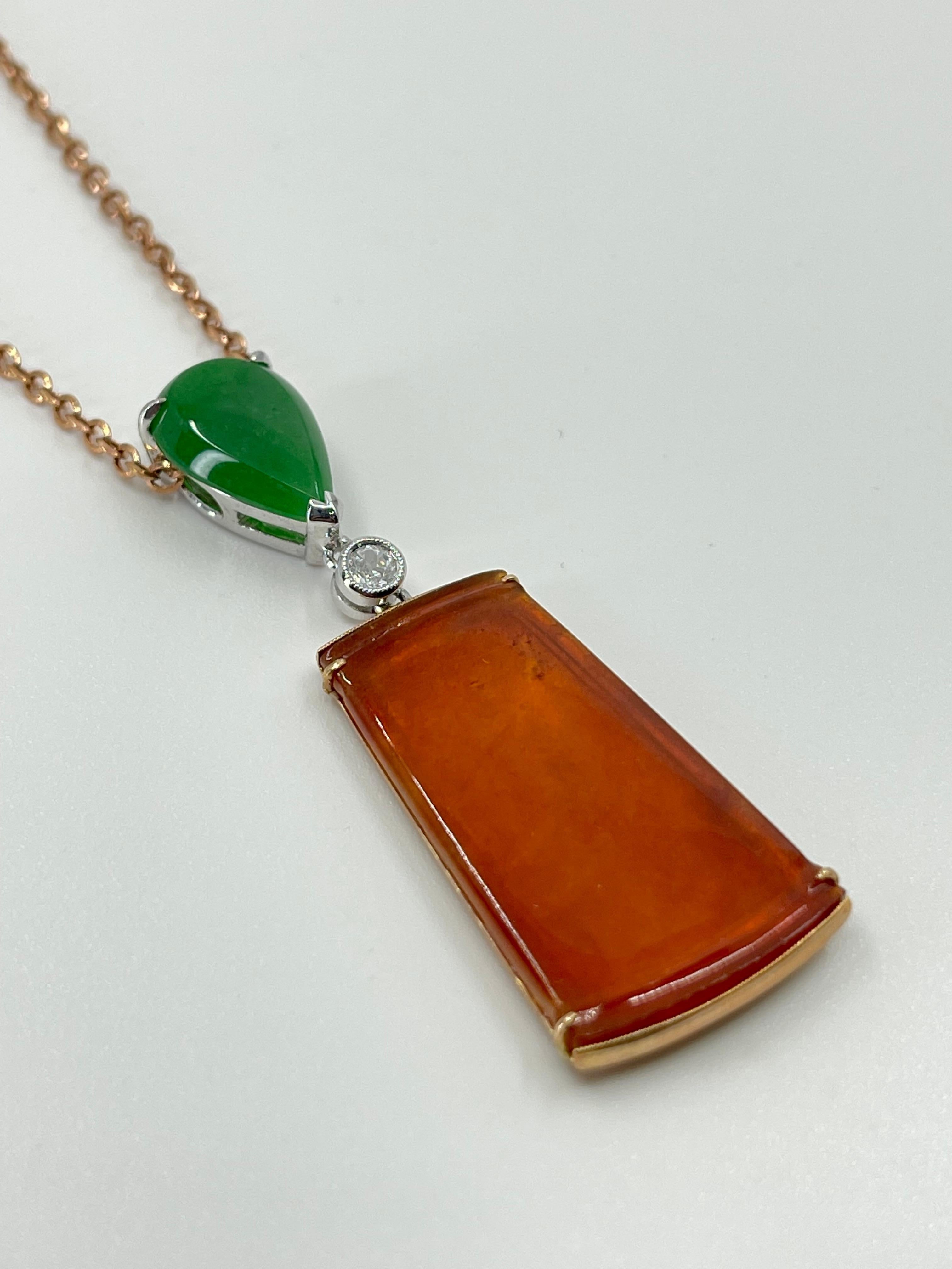 Certified Natural Jadeite Jade & Diamond Pendant Drop Necklace. 18K Rose Gold For Sale 2