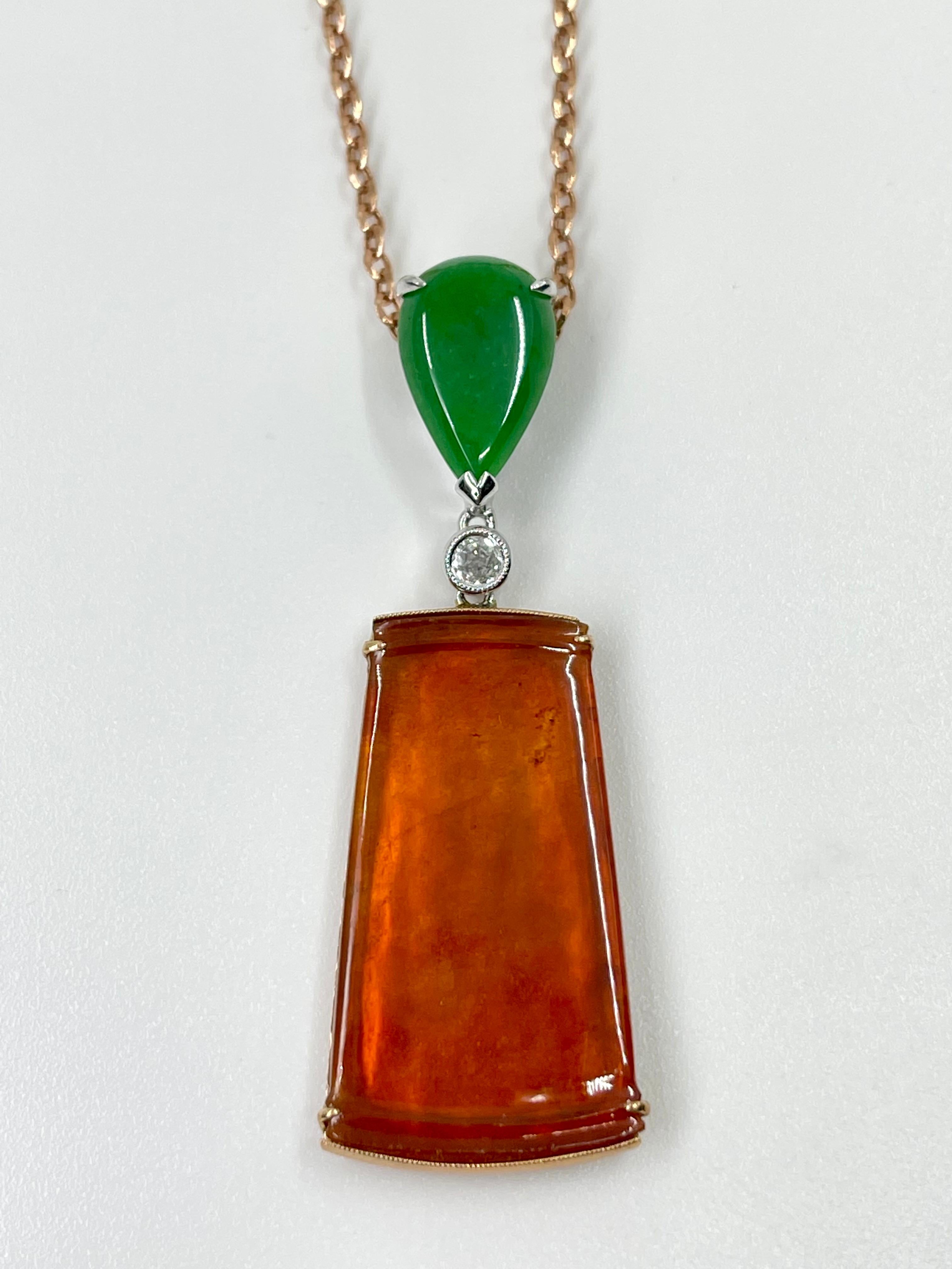 Certified Natural Jadeite Jade & Diamond Pendant Drop Necklace. 18K Rose Gold For Sale 5