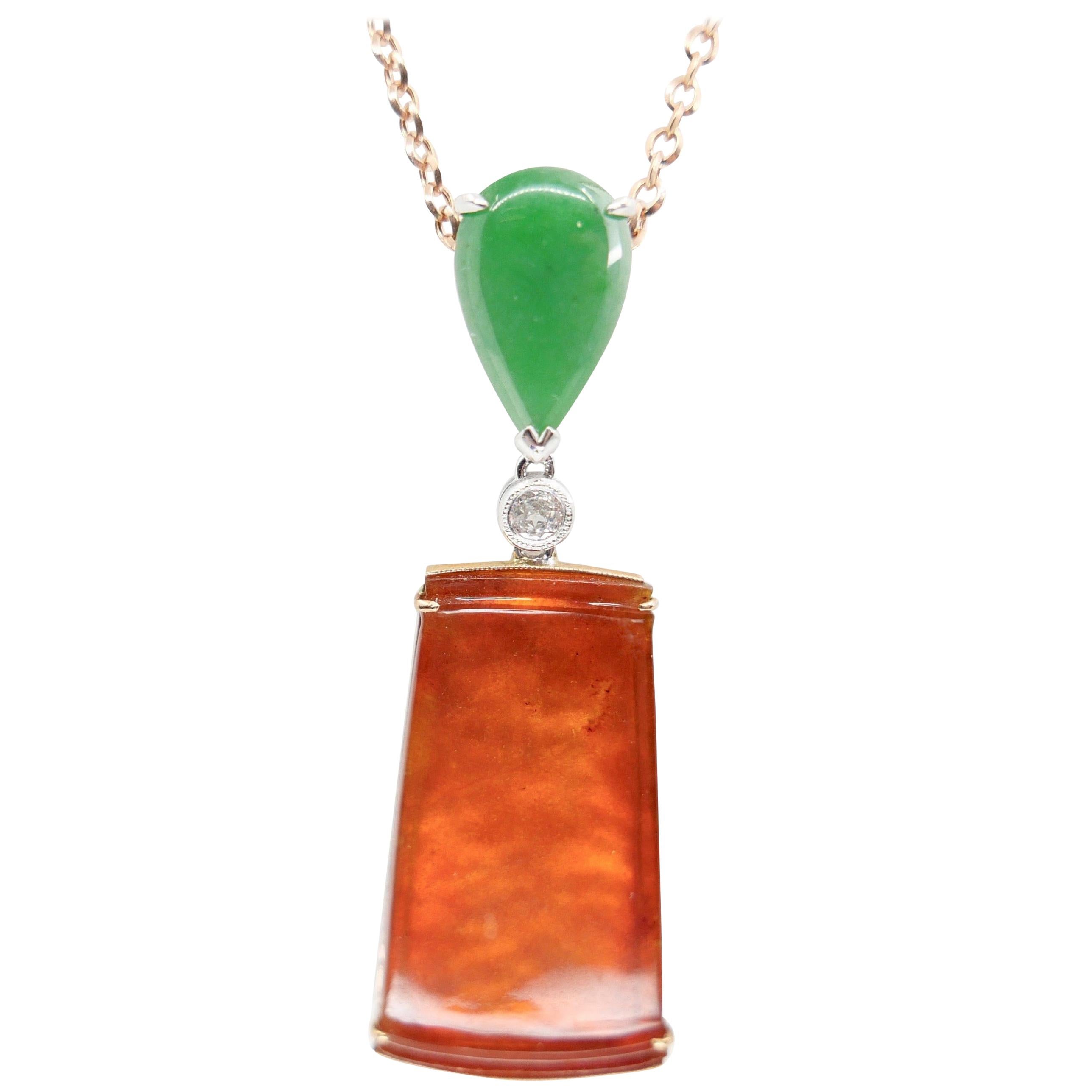 Rough Cut Certified Natural Jadeite Jade & Diamond Pendant Drop Necklace. 18K Rose Gold For Sale