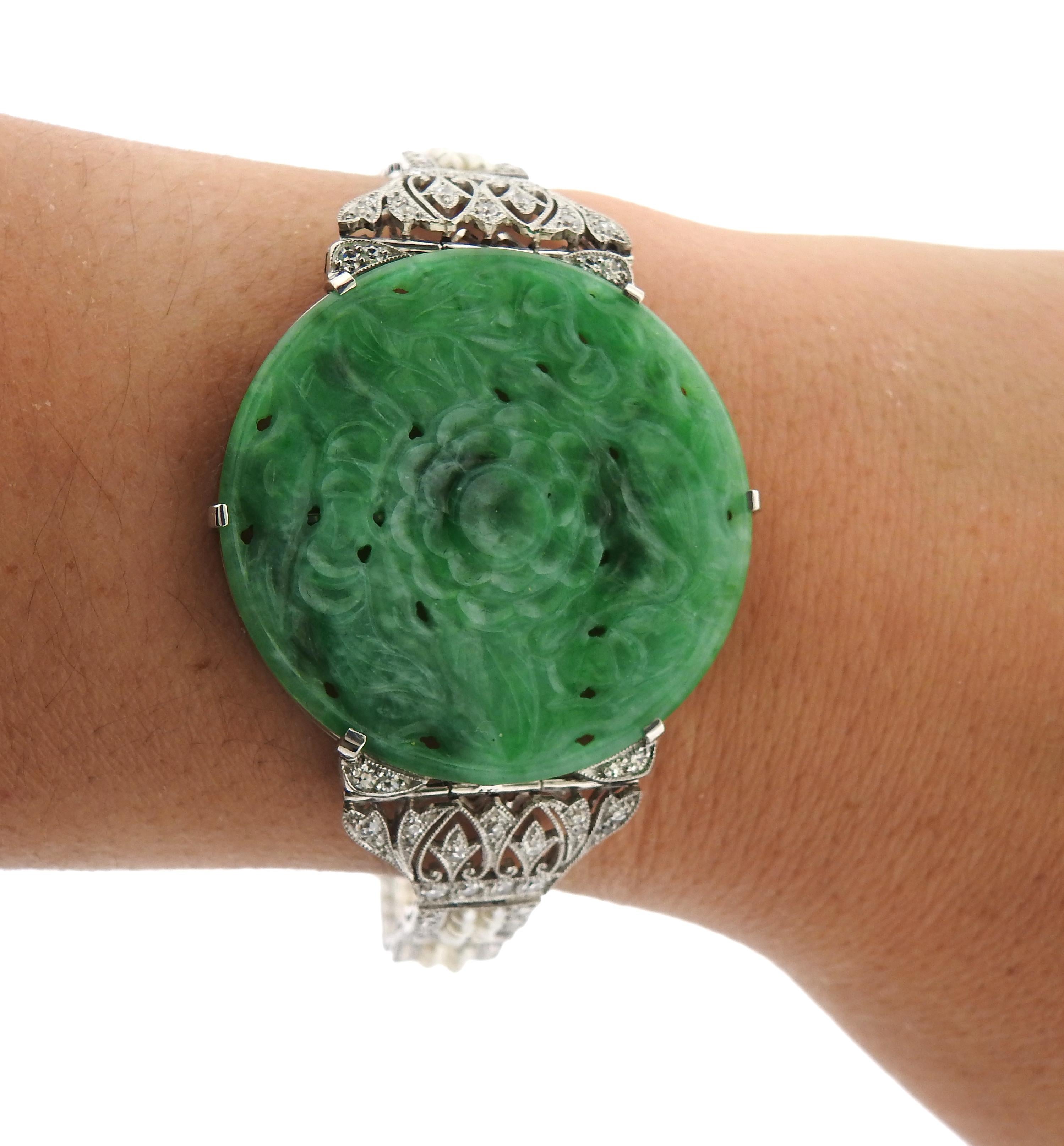 Round Cut Certified Natural Jadeite Jade Art Deco Platinum Diamond Pearl Bracelet For Sale