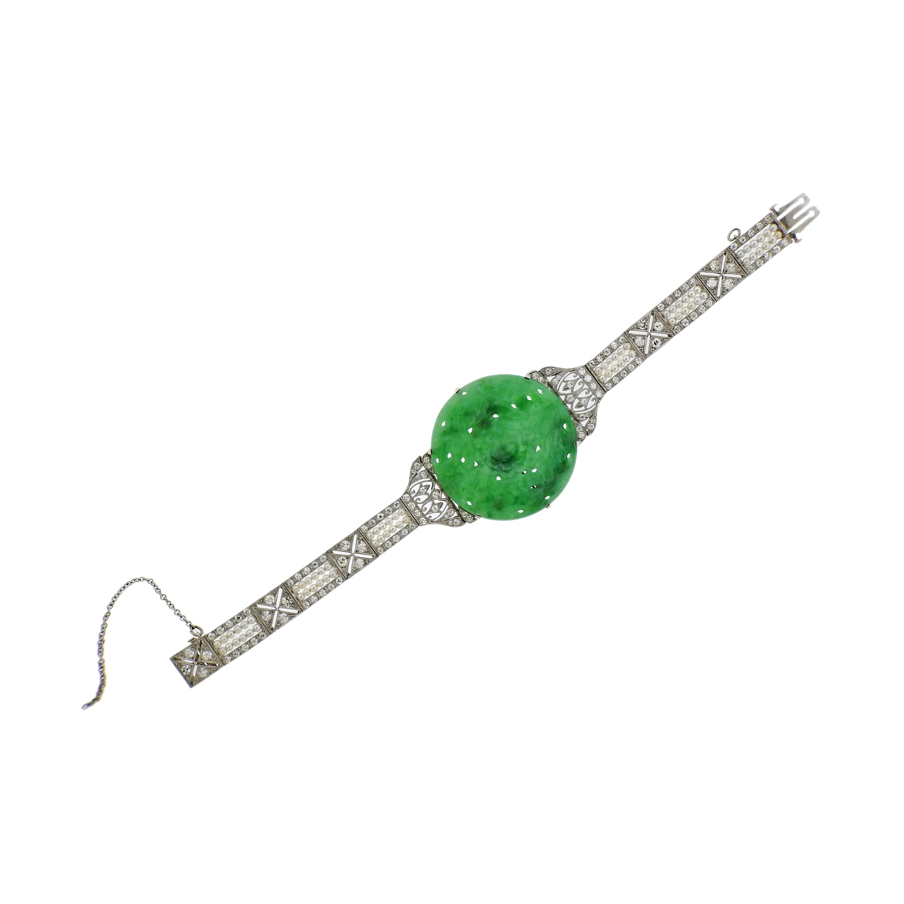 Certified Natural Jadeite Jade Art Deco Platinum Diamond Pearl Bracelet For Sale