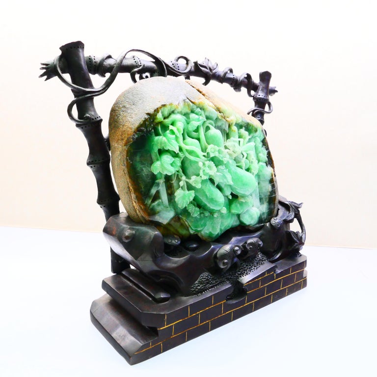 Certified Natural Jadeite Jade Decoration "Fruity Gourds" circa 1930s Prosperity For Sale at 1stDibs