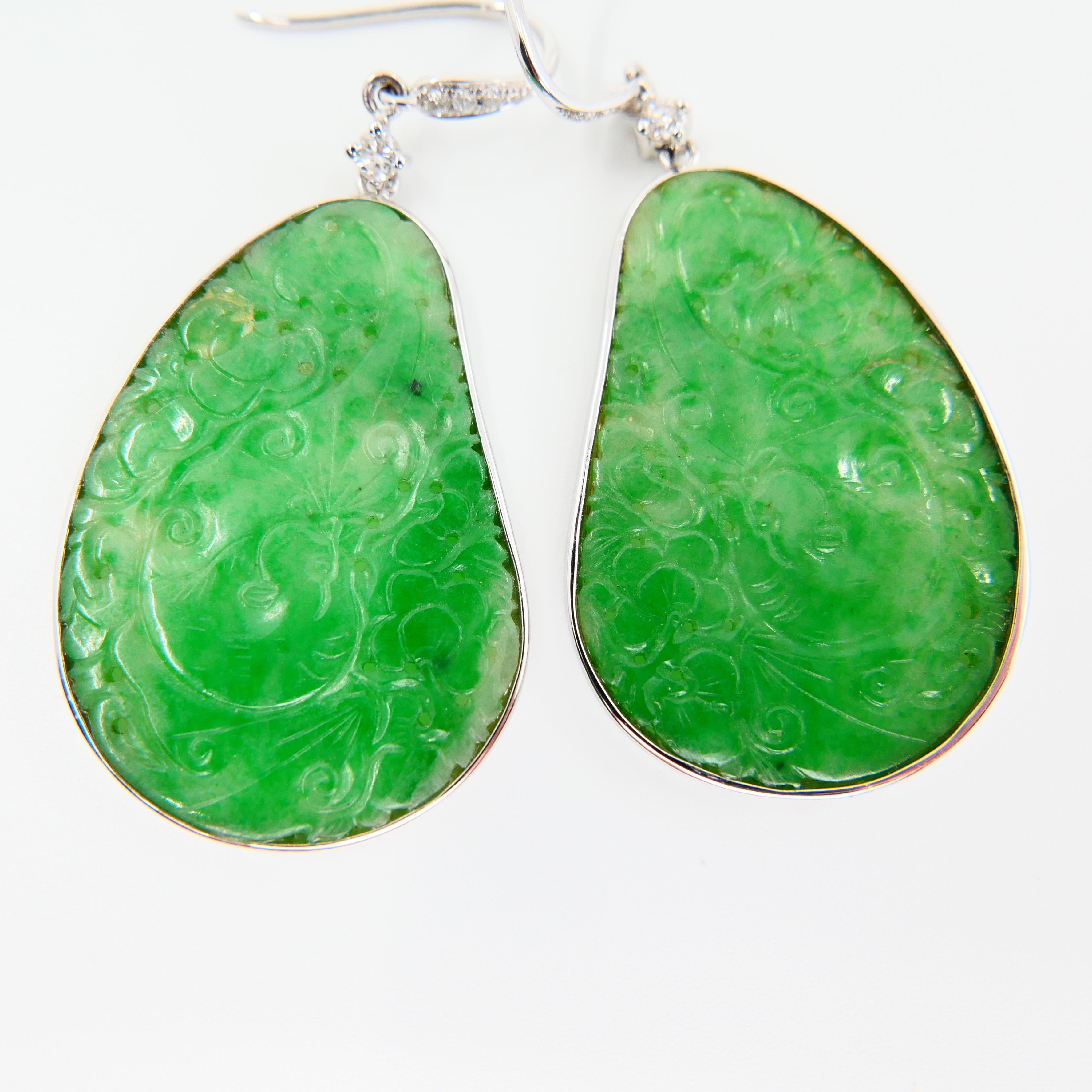 Certified Natural Jadeite Jade & Diamond Drop Earrings 18K Apple Green Color For Sale 2