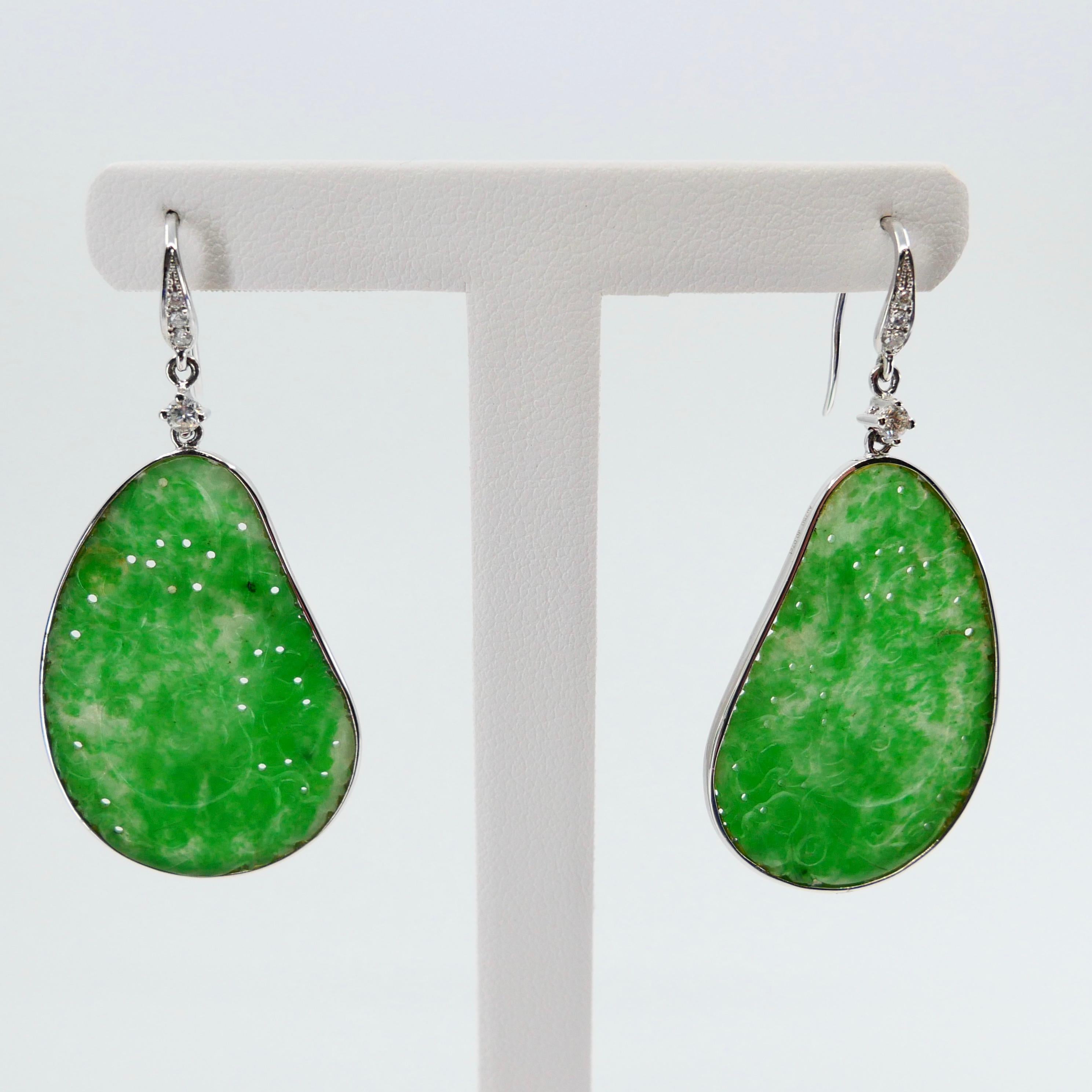 Certified Natural Jadeite Jade & Diamond Drop Earrings 18K Apple Green Color For Sale 3