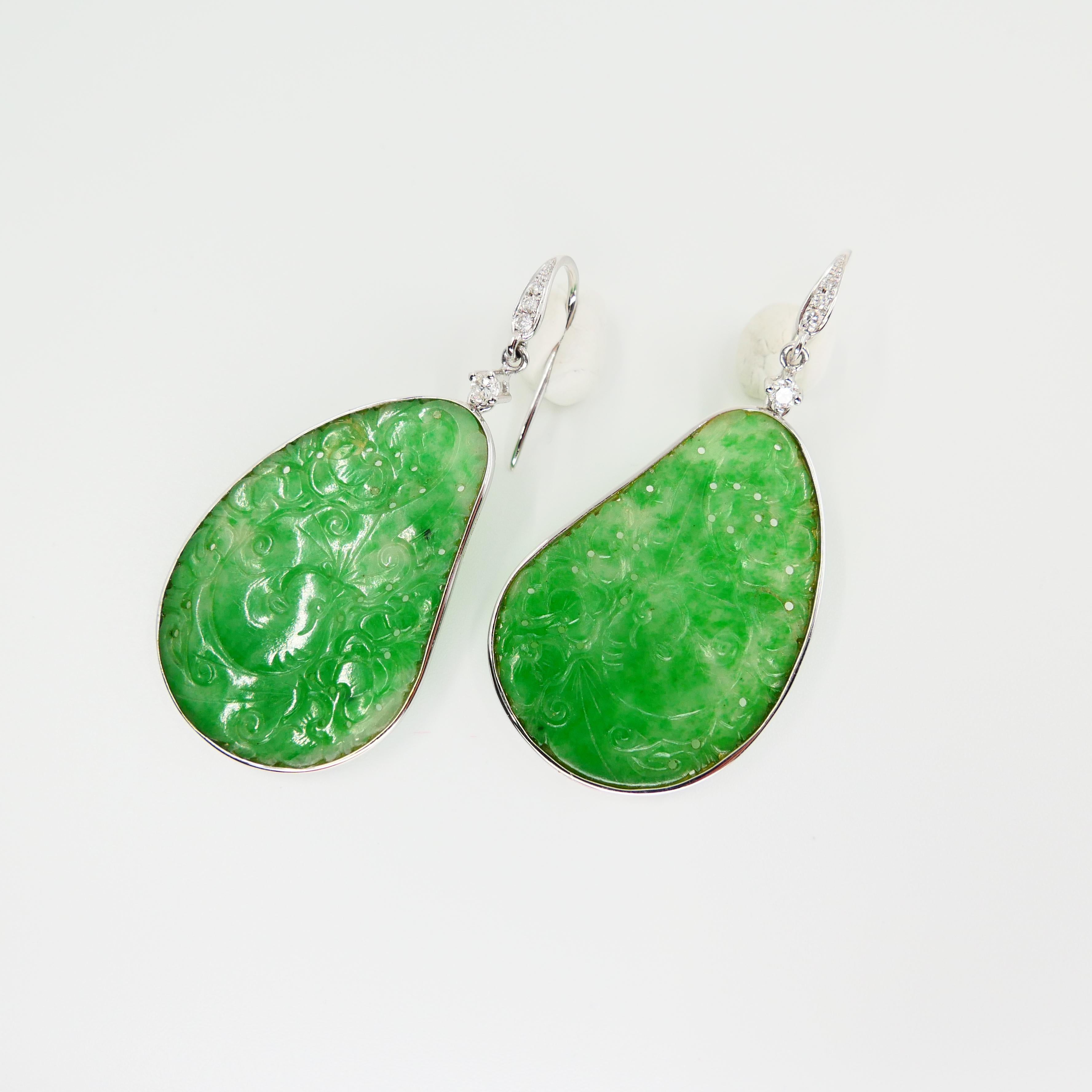 Rough Cut Certified Natural Jadeite Jade & Diamond Drop Earrings 18K Apple Green Color For Sale
