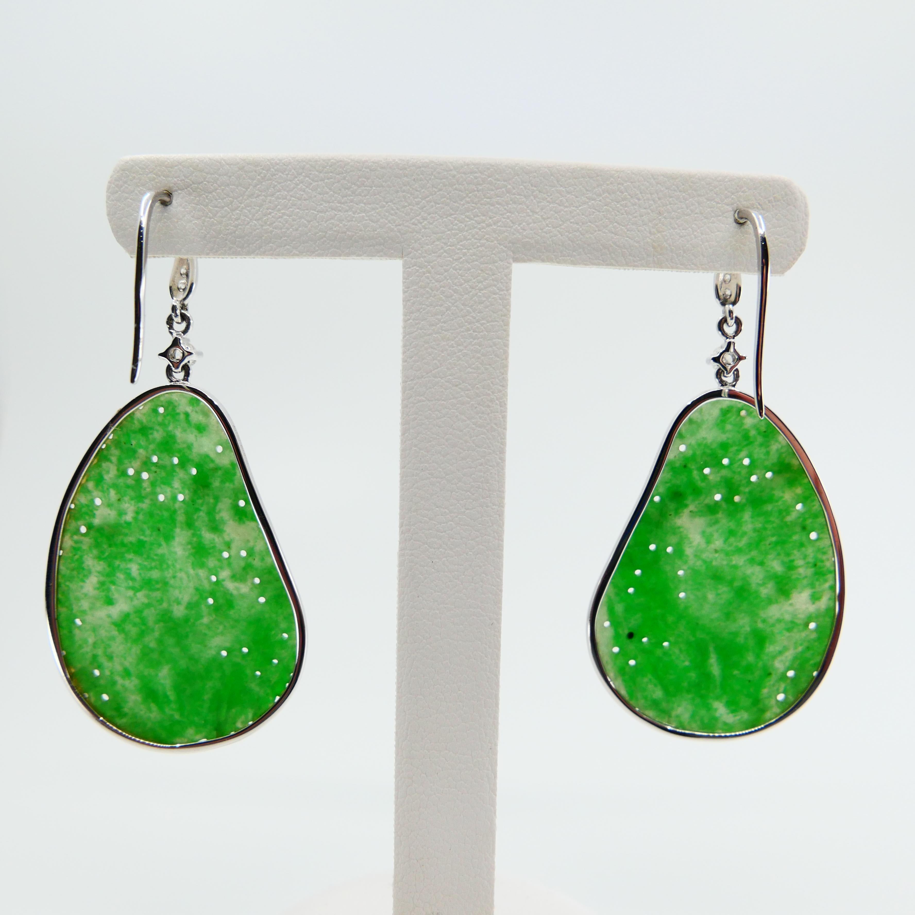 Women's Certified Natural Jadeite Jade & Diamond Drop Earrings 18K Apple Green Color For Sale