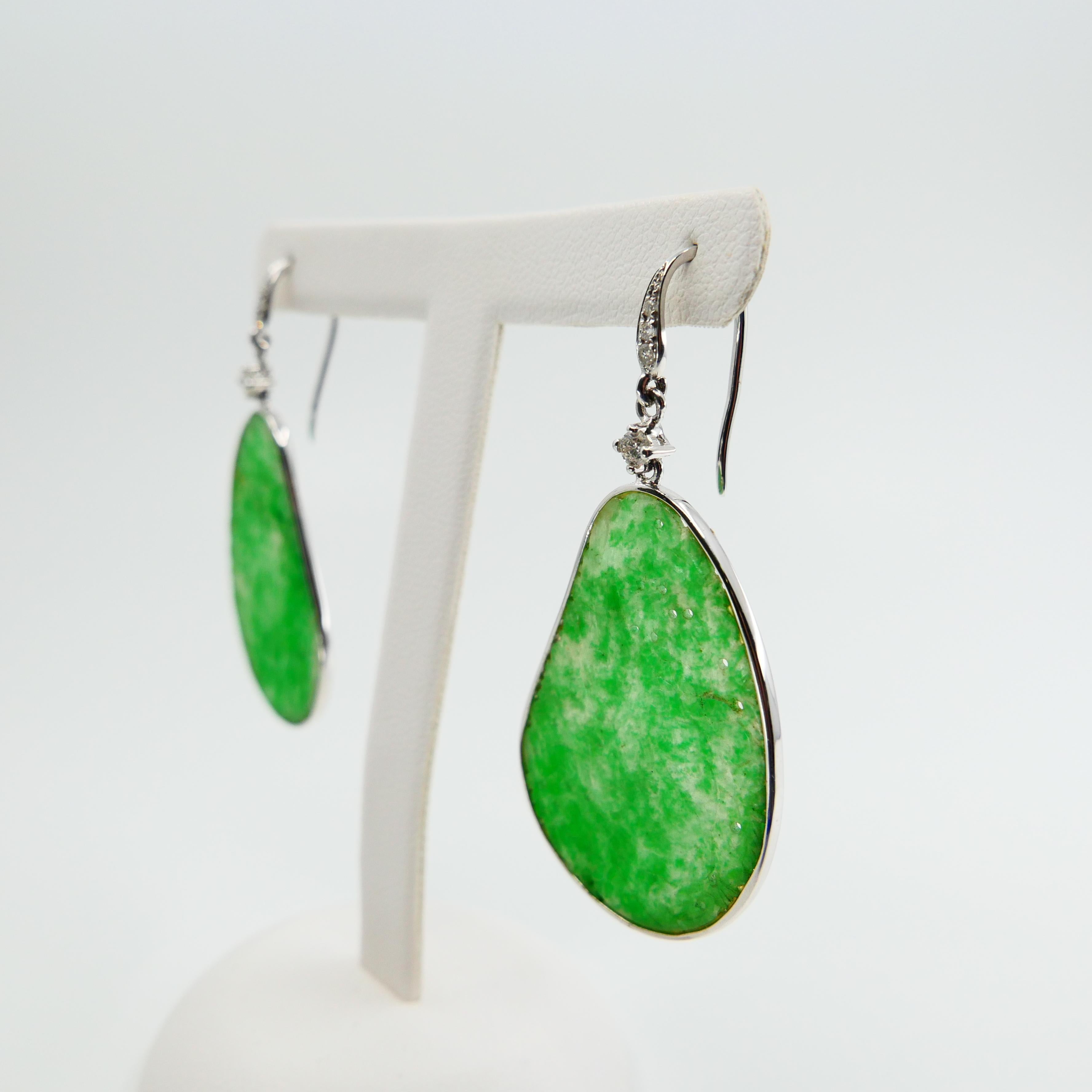 Certified Natural Jadeite Jade & Diamond Drop Earrings 18K Apple Green Color For Sale 1