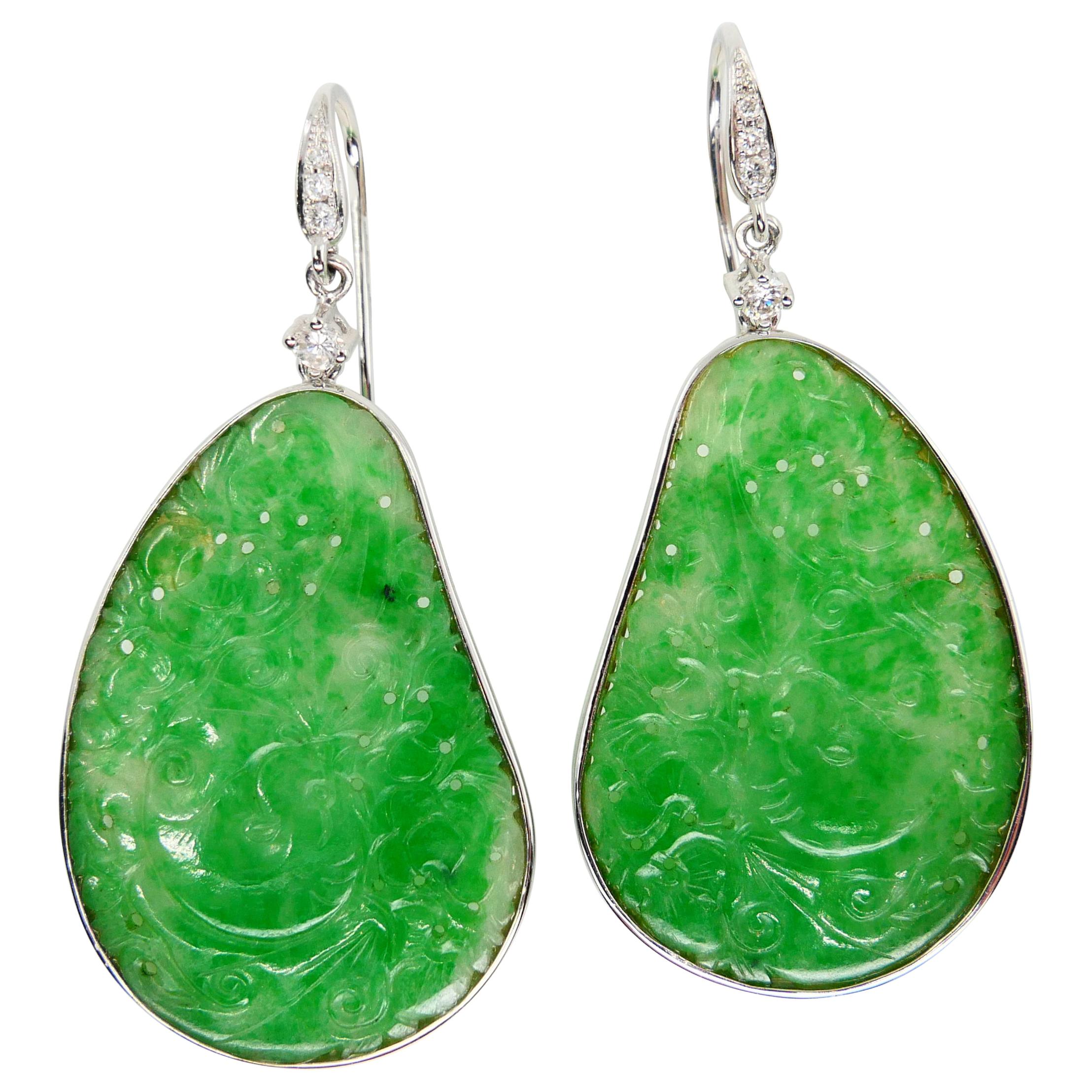 Certified Natural Jadeite Jade & Diamond Drop Earrings 18K Apple Green Color For Sale