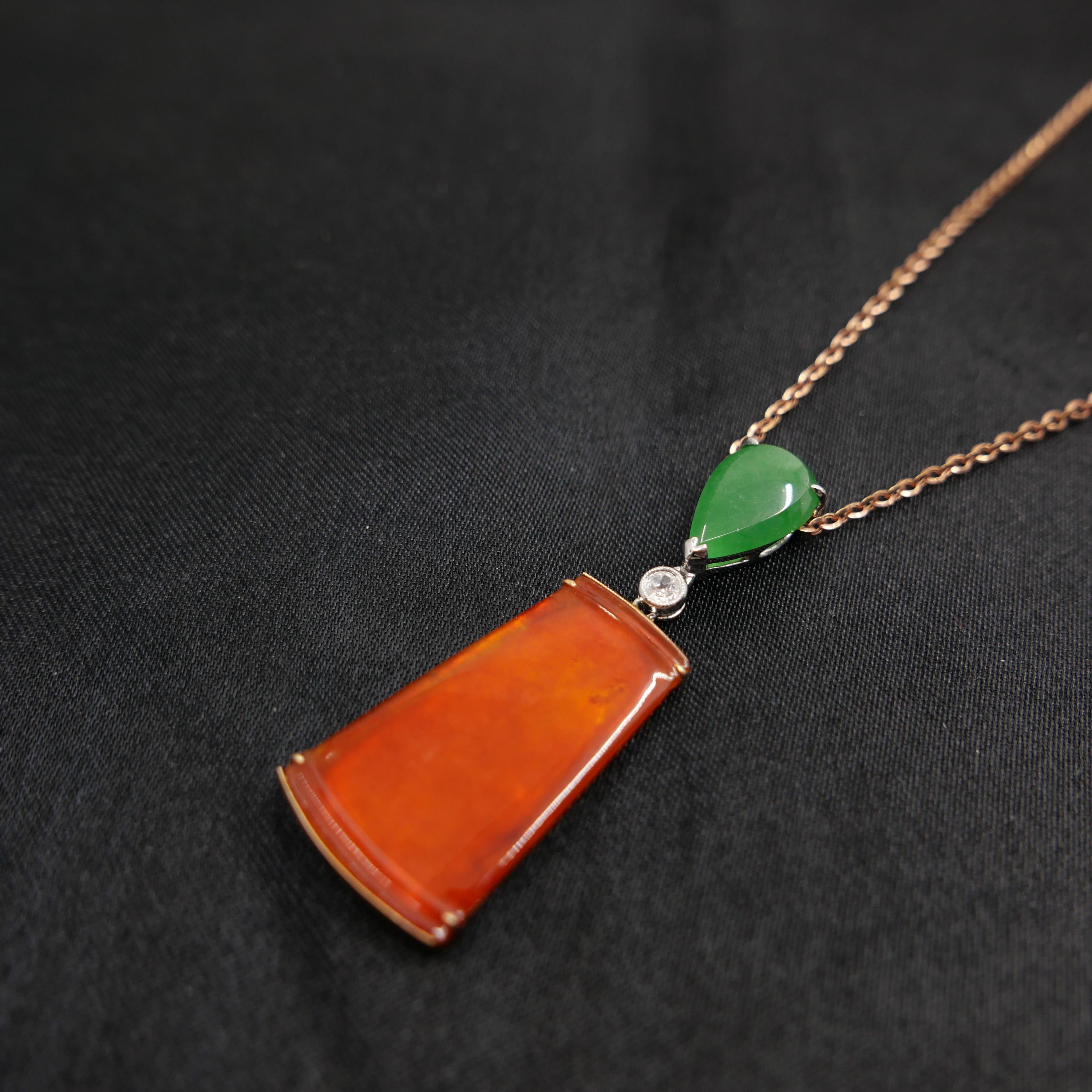 Certified Natural Red & Apple Green Jade & Diamond Drop Pendant Necklace. For Sale 5