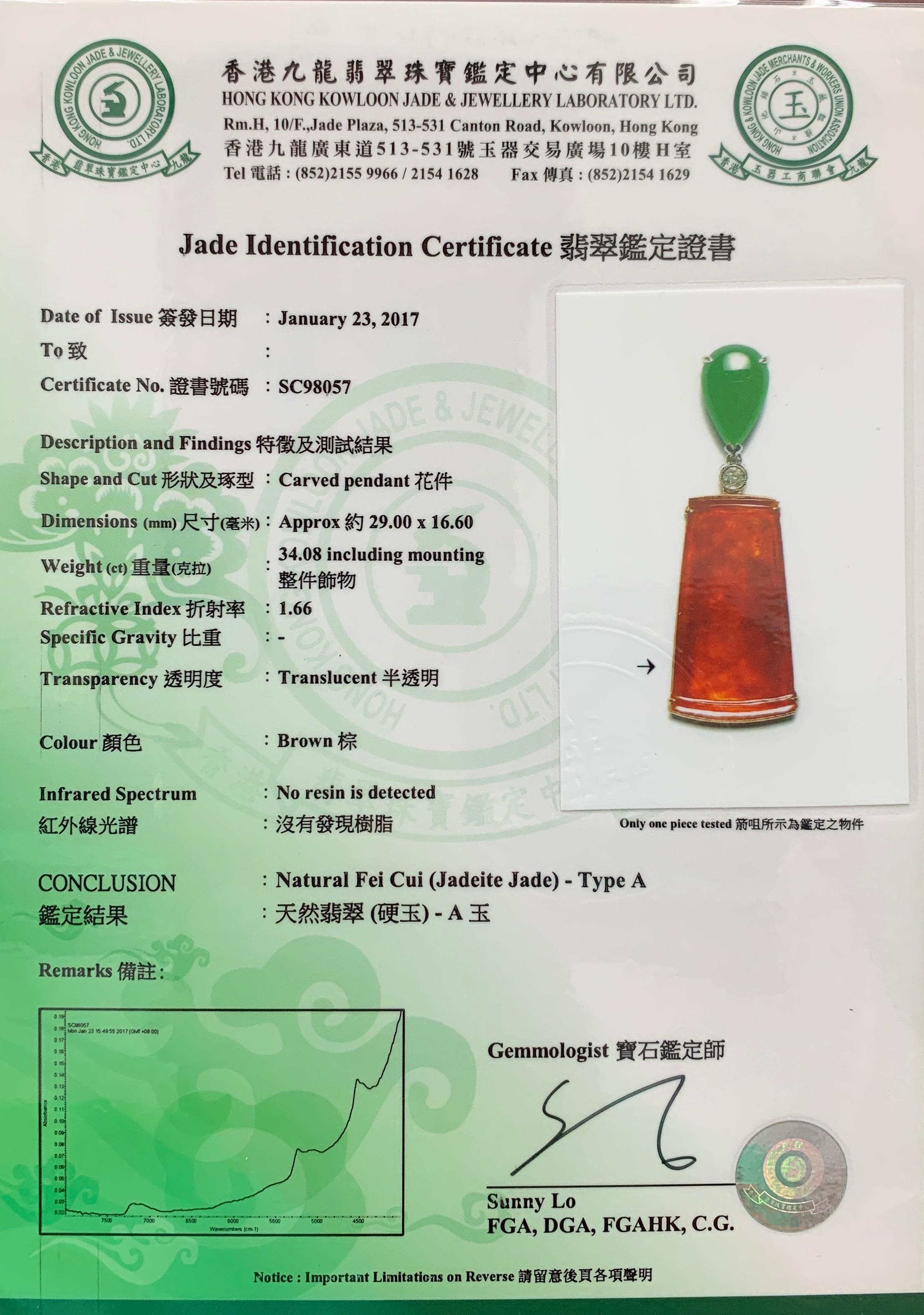 Certified Natural Jadeite Jade & Diamond Pendant Drop Necklace. 18K Rose Gold For Sale 15