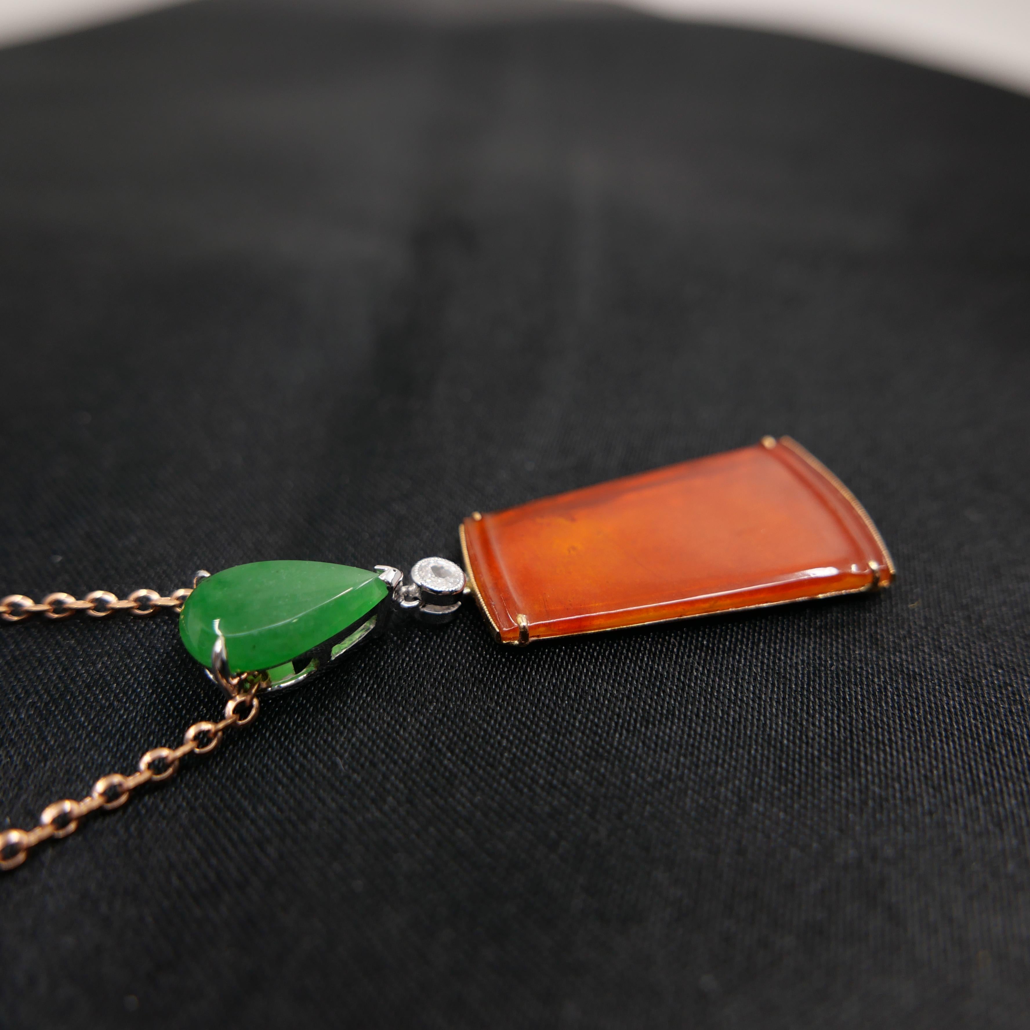 Certified Natural Red & Apple Green Jade & Diamond Drop Pendant Necklace. For Sale 11