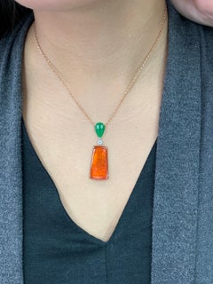 Certified Natural Red & Apple Green Jade & Diamond Drop Pendant Necklace.