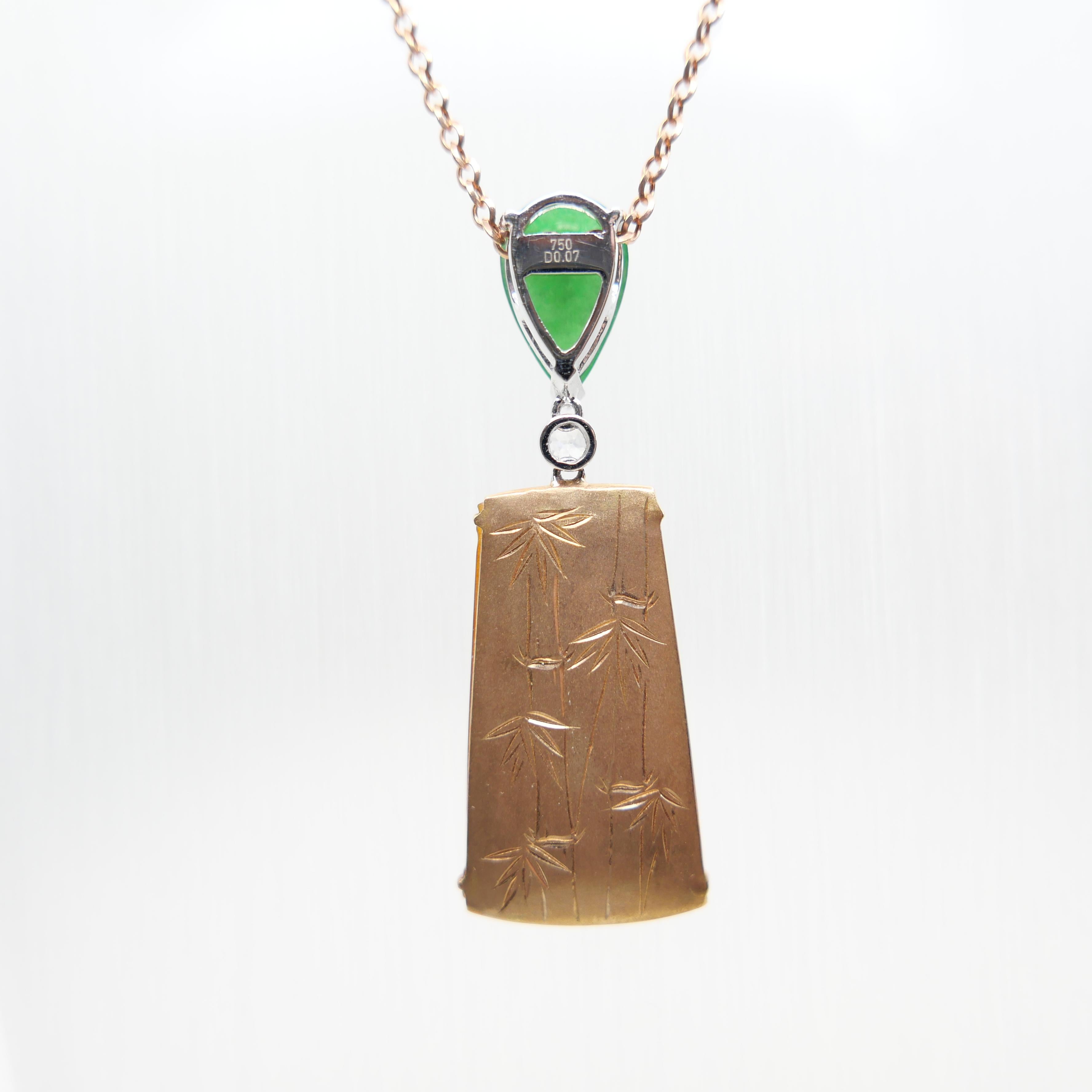 Certified Natural Red & Apple Green Jade & Diamond Drop Pendant Necklace. In New Condition For Sale In Hong Kong, HK